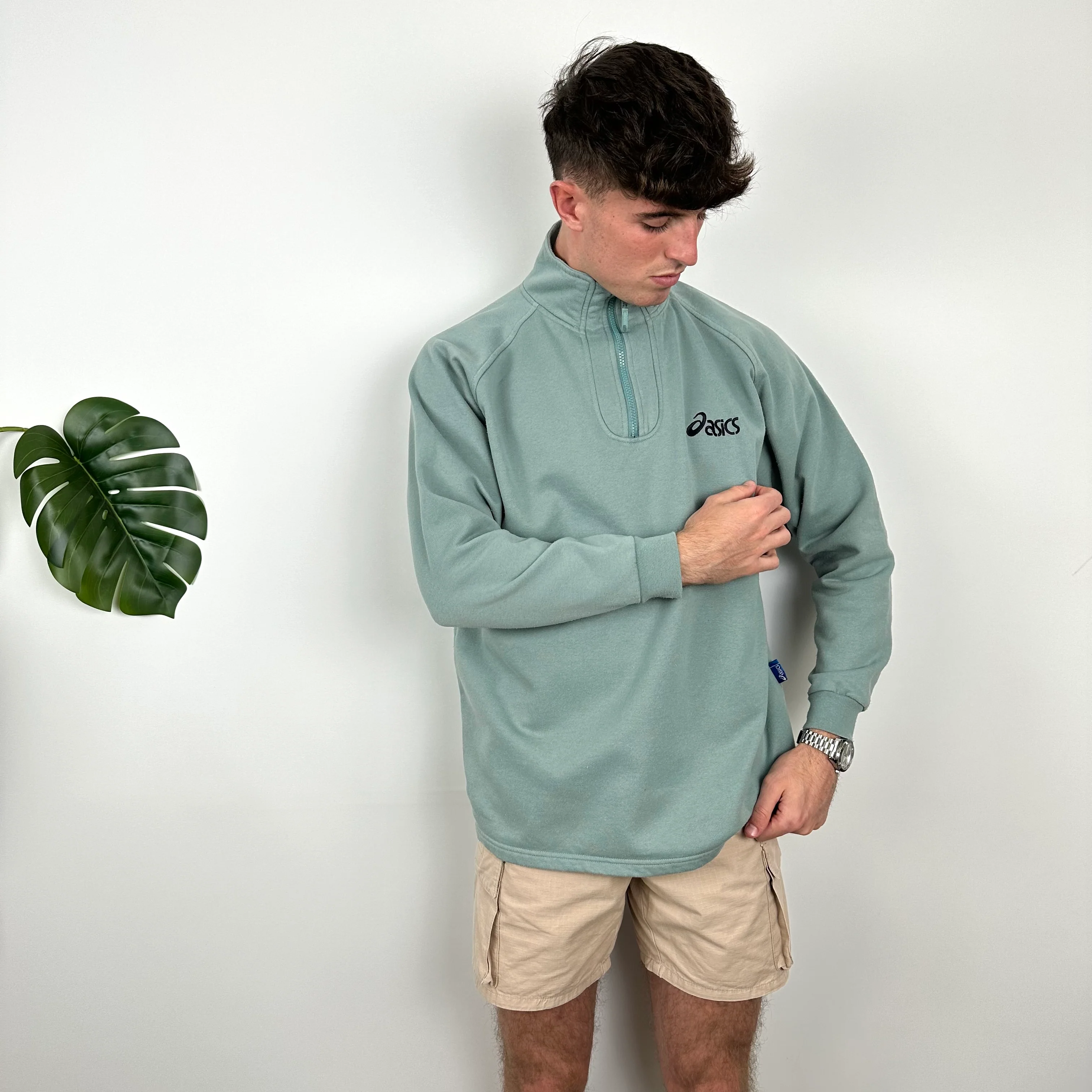ASICS Green Embroidered Spell Out Quarter Zip Sweatshirt (M) - Image 5