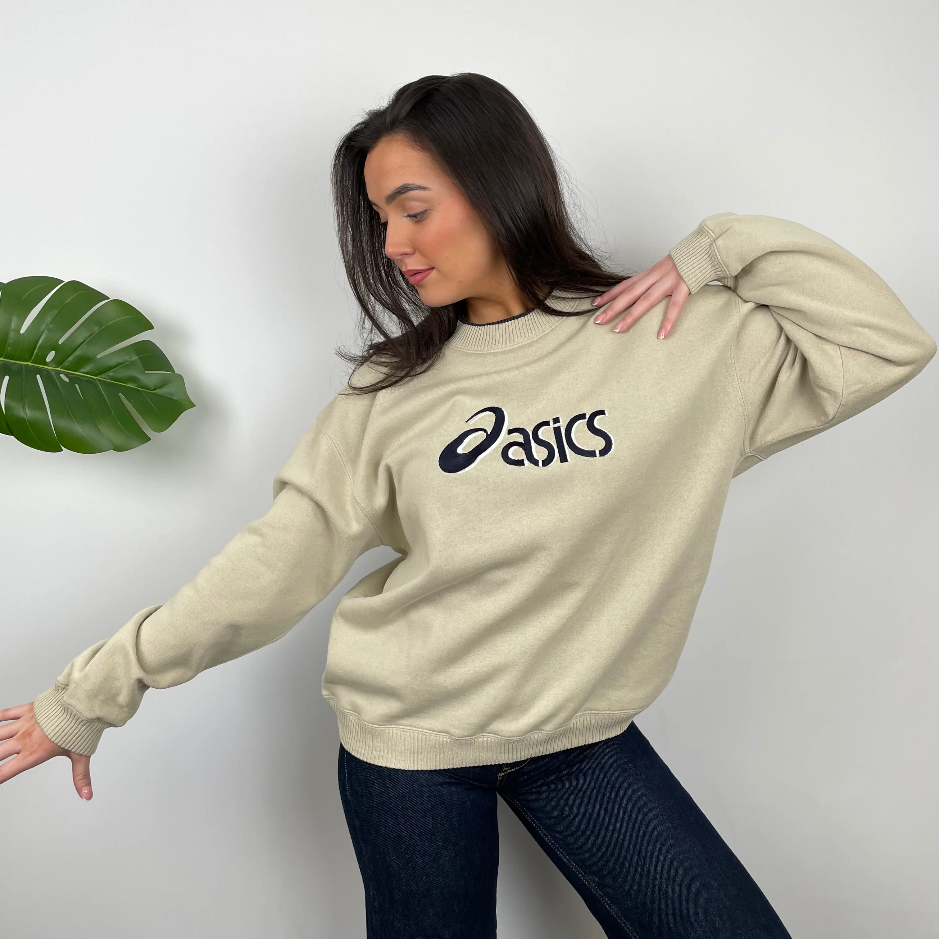 ASICS Tan Beige Embroidered Spell Out Sweatshirt (M) - Image 4