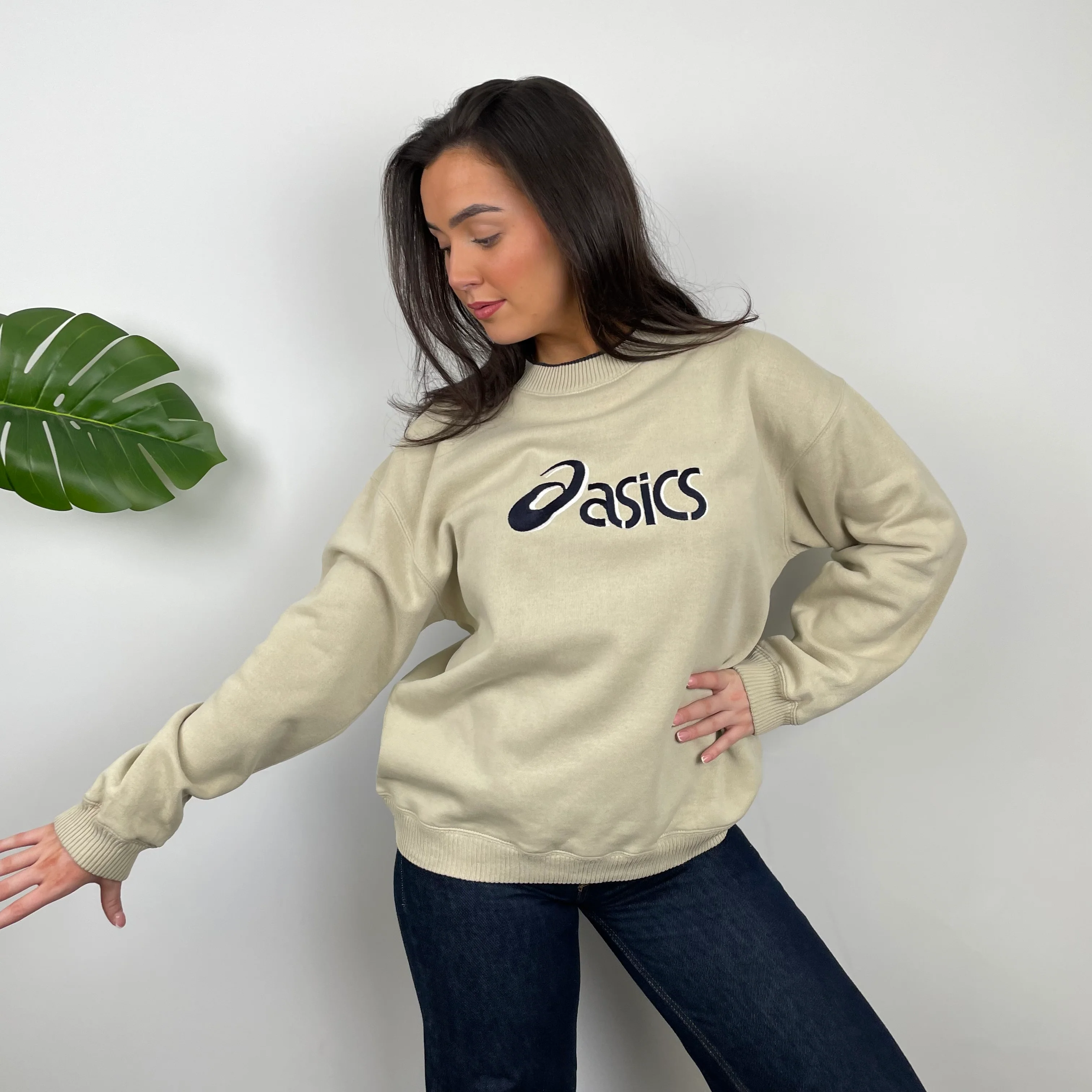ASICS Tan Beige Embroidered Spell Out Sweatshirt (M) - Image 7