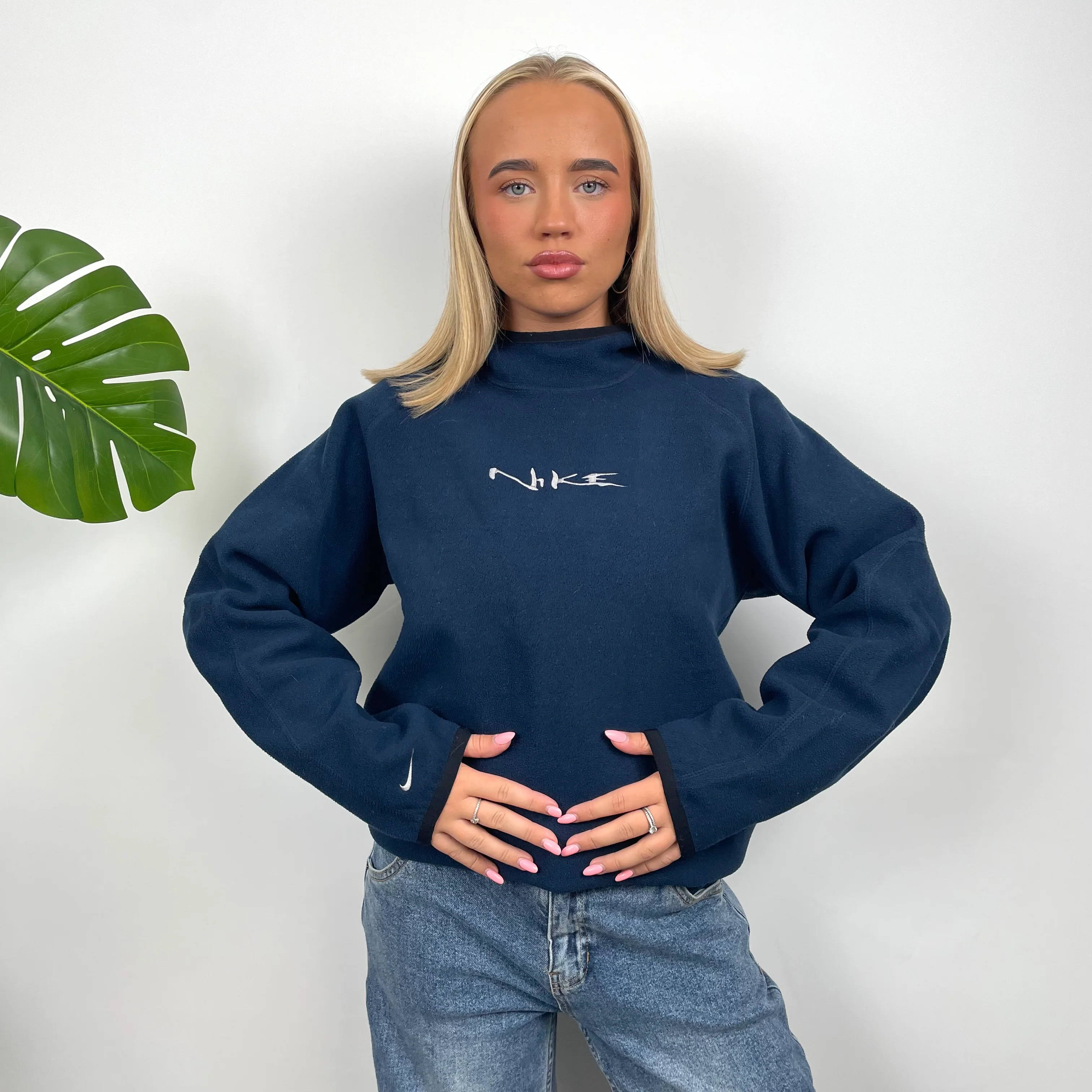 Nike Navy Embroidered Spell Out Teddy Bear Fleece Hoodie (S) - Image 2