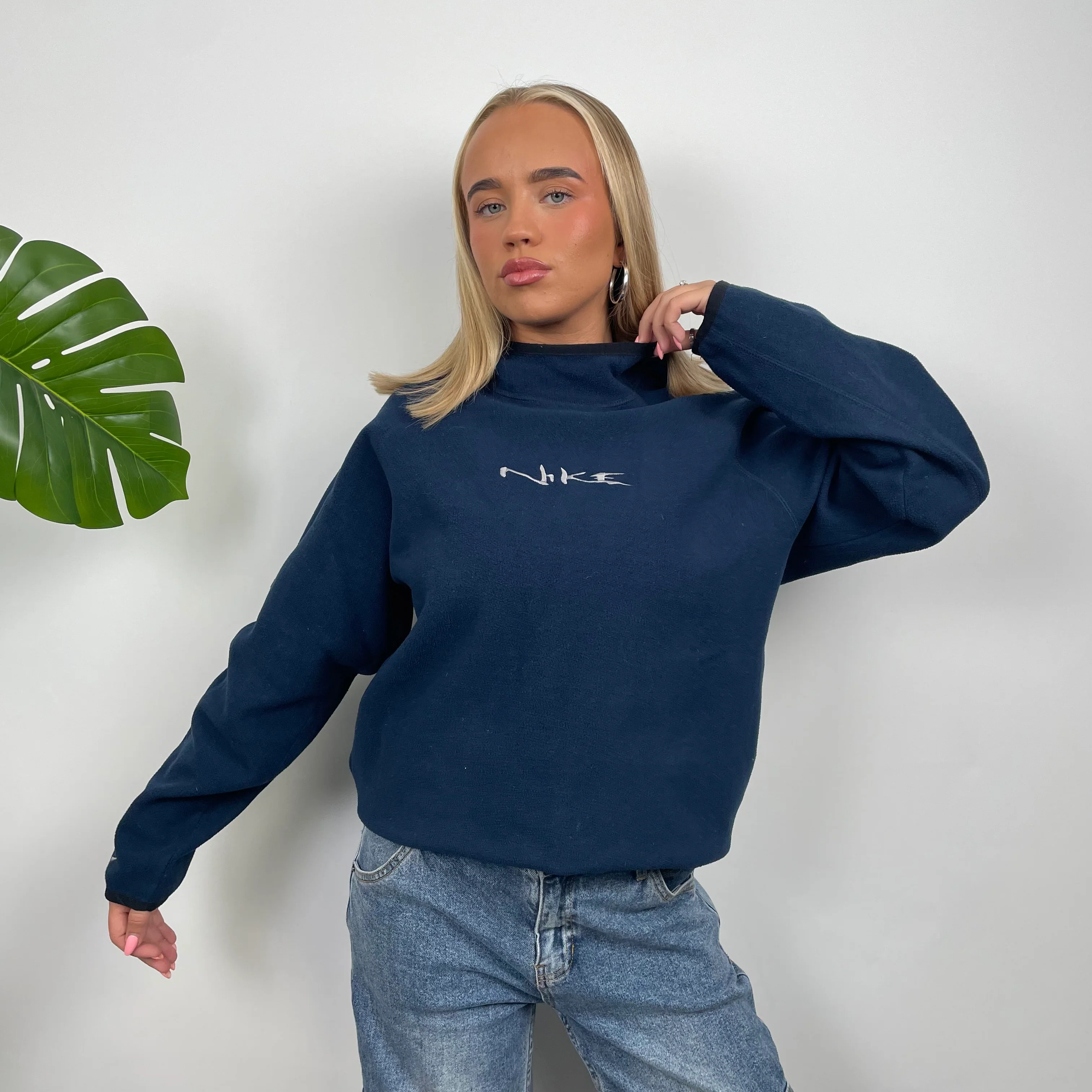 Nike Navy Embroidered Spell Out Teddy Bear Fleece Hoodie (S) - Image 3