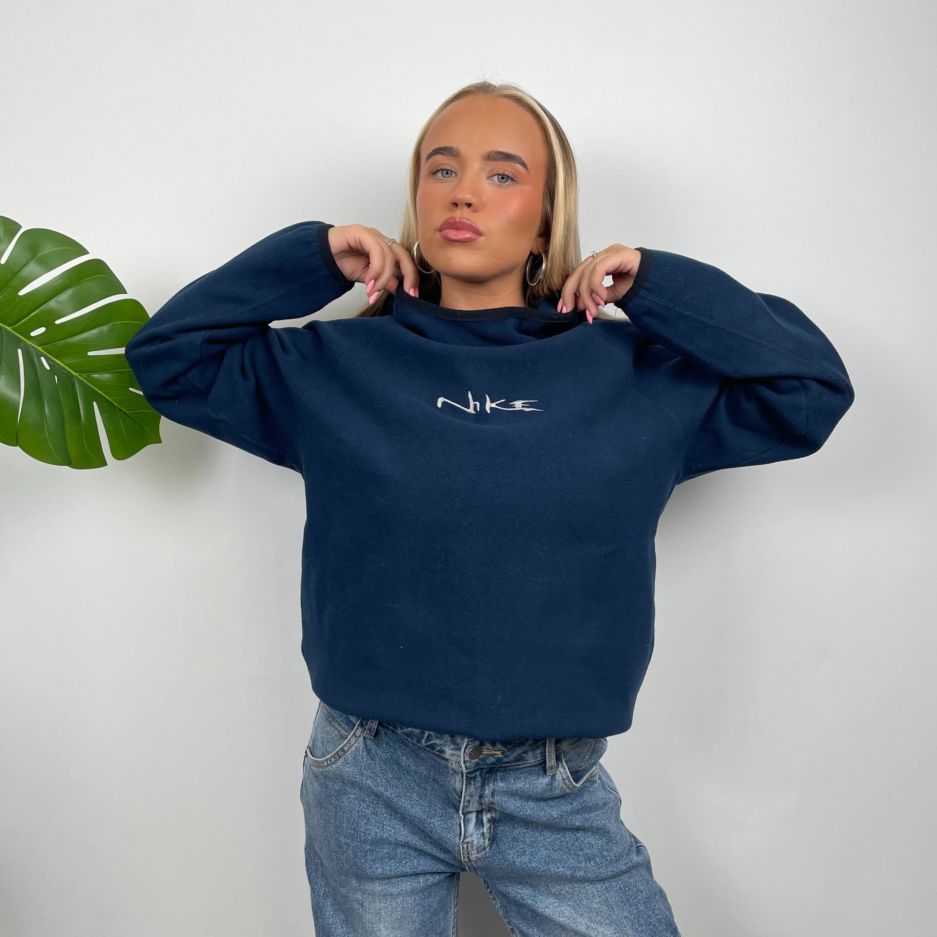 Nike Navy Embroidered Spell Out Teddy Bear Fleece Hoodie (S) - Image 4