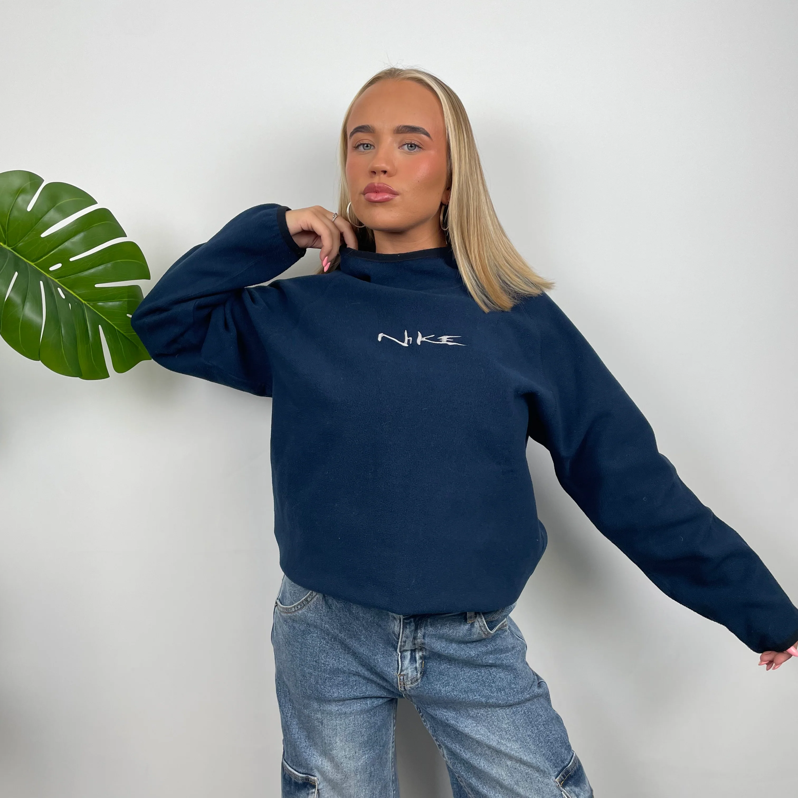 Nike Navy Embroidered Spell Out Teddy Bear Fleece Hoodie (S) - Image 7