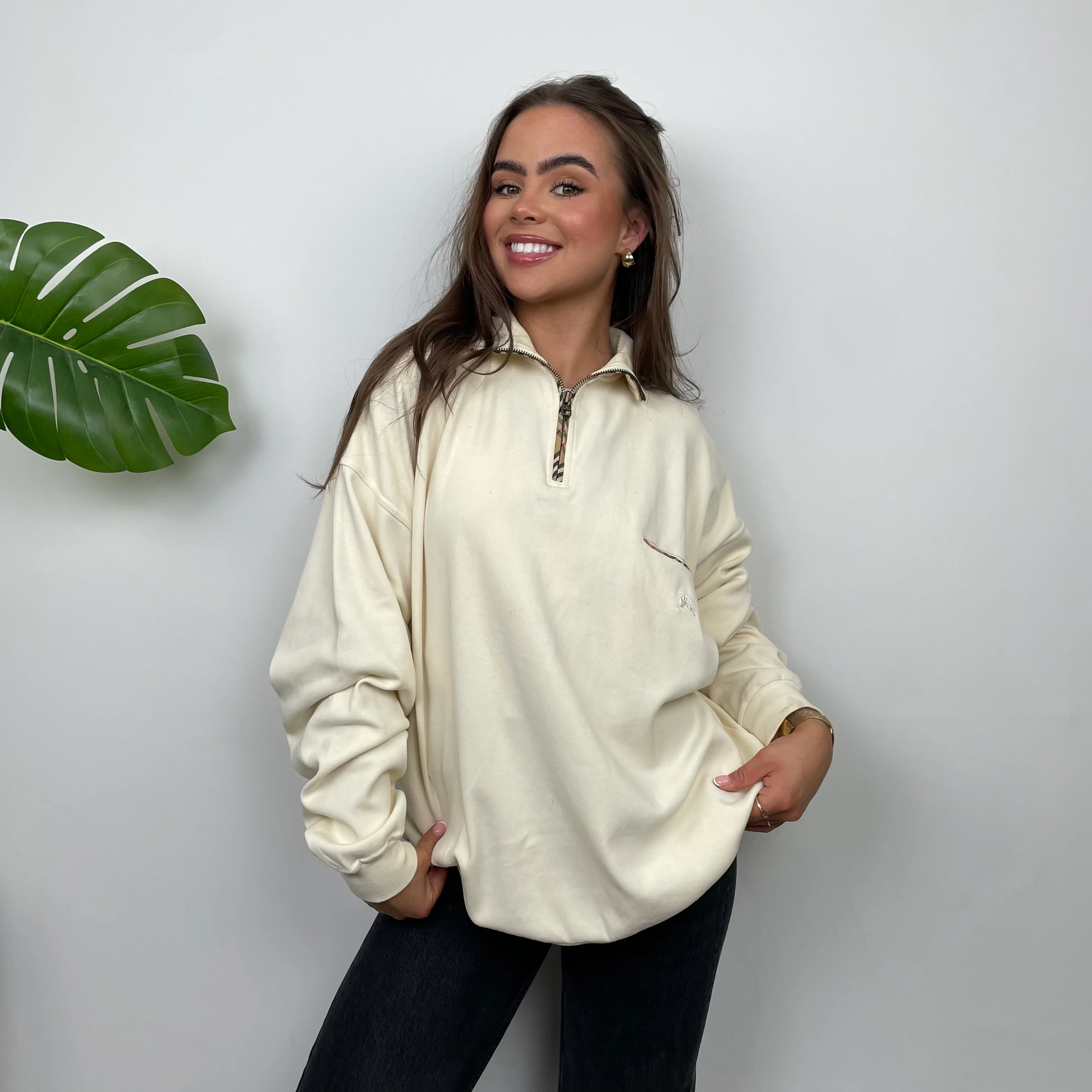 Burberry Cream Embroidered Spell Out Quarter Zip (L) - Image 2