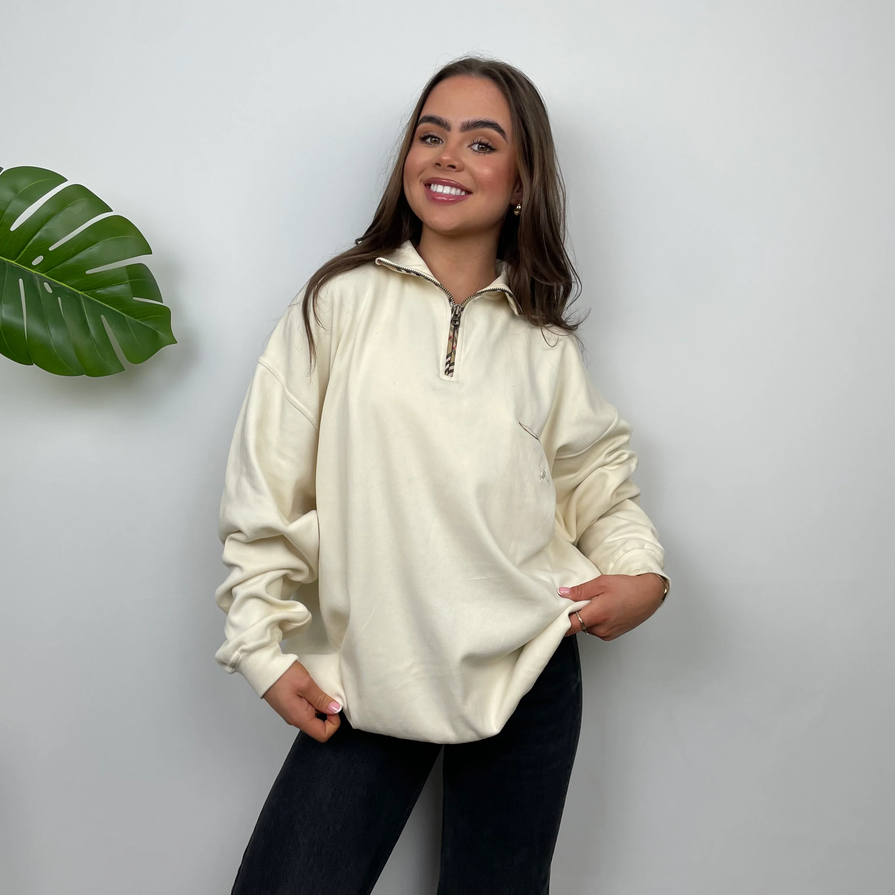 Burberry Cream Embroidered Spell Out Quarter Zip (L) - Image 3