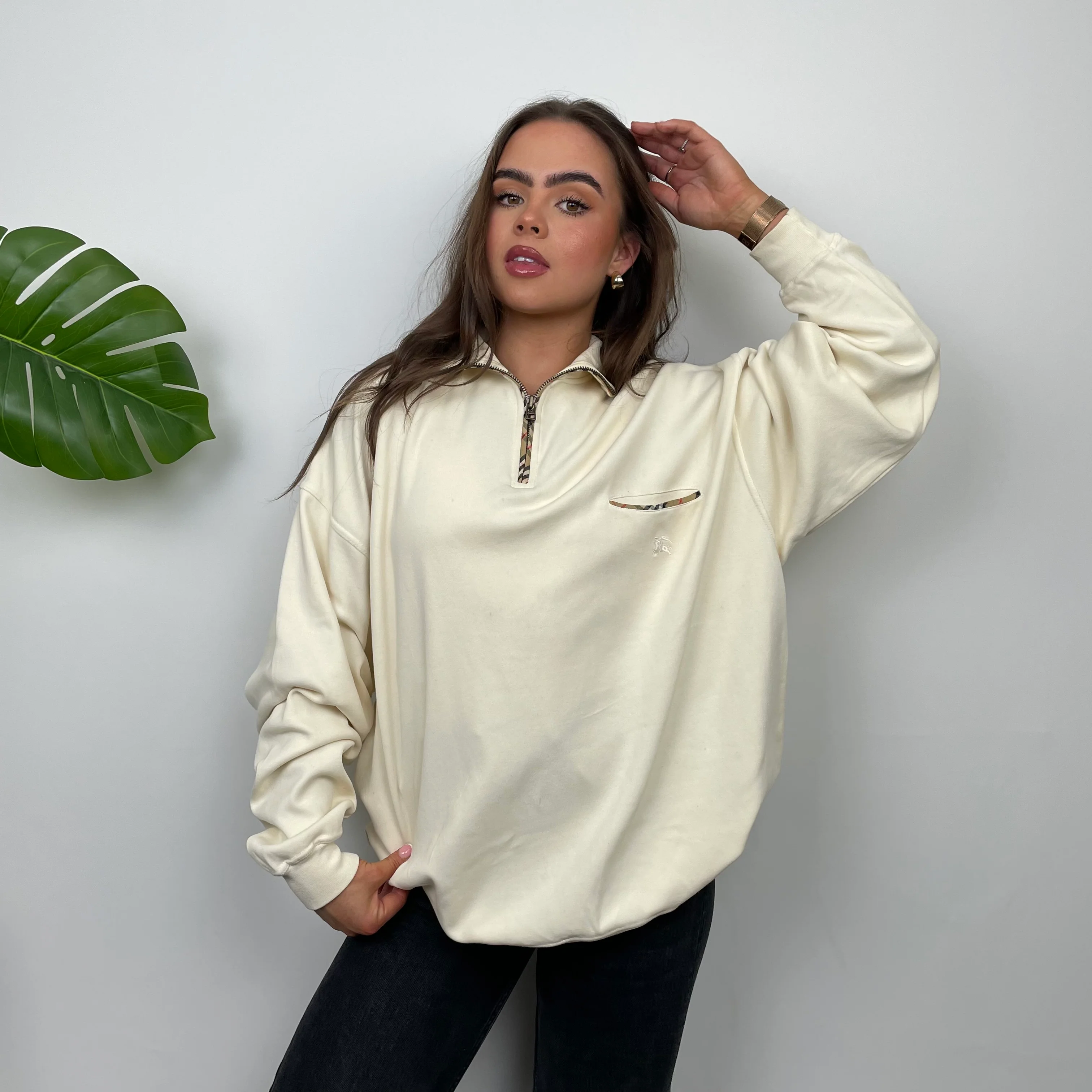 Burberry Cream Embroidered Spell Out Quarter Zip (L) - Image 4