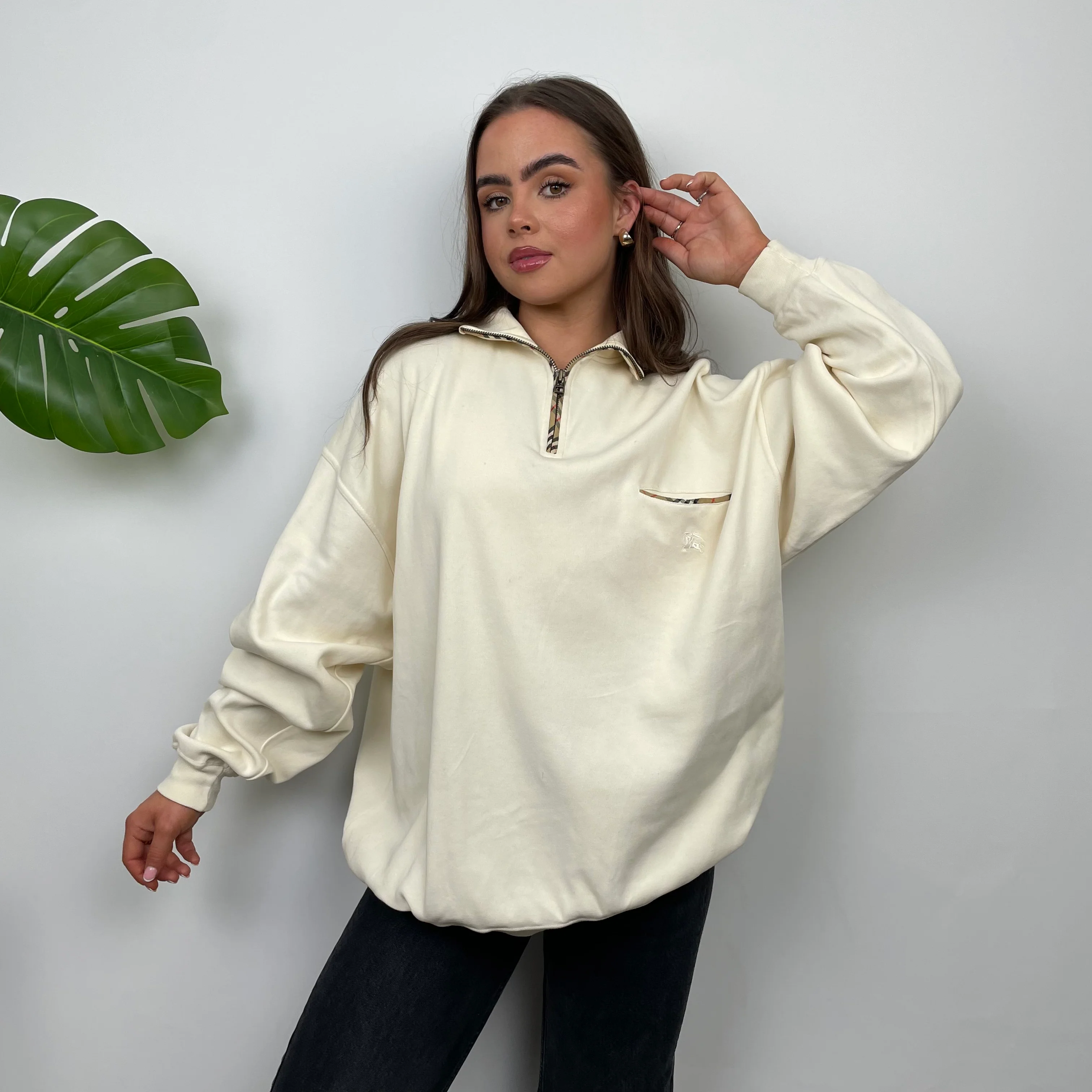 Burberry Cream Embroidered Spell Out Quarter Zip (L) - Image 5
