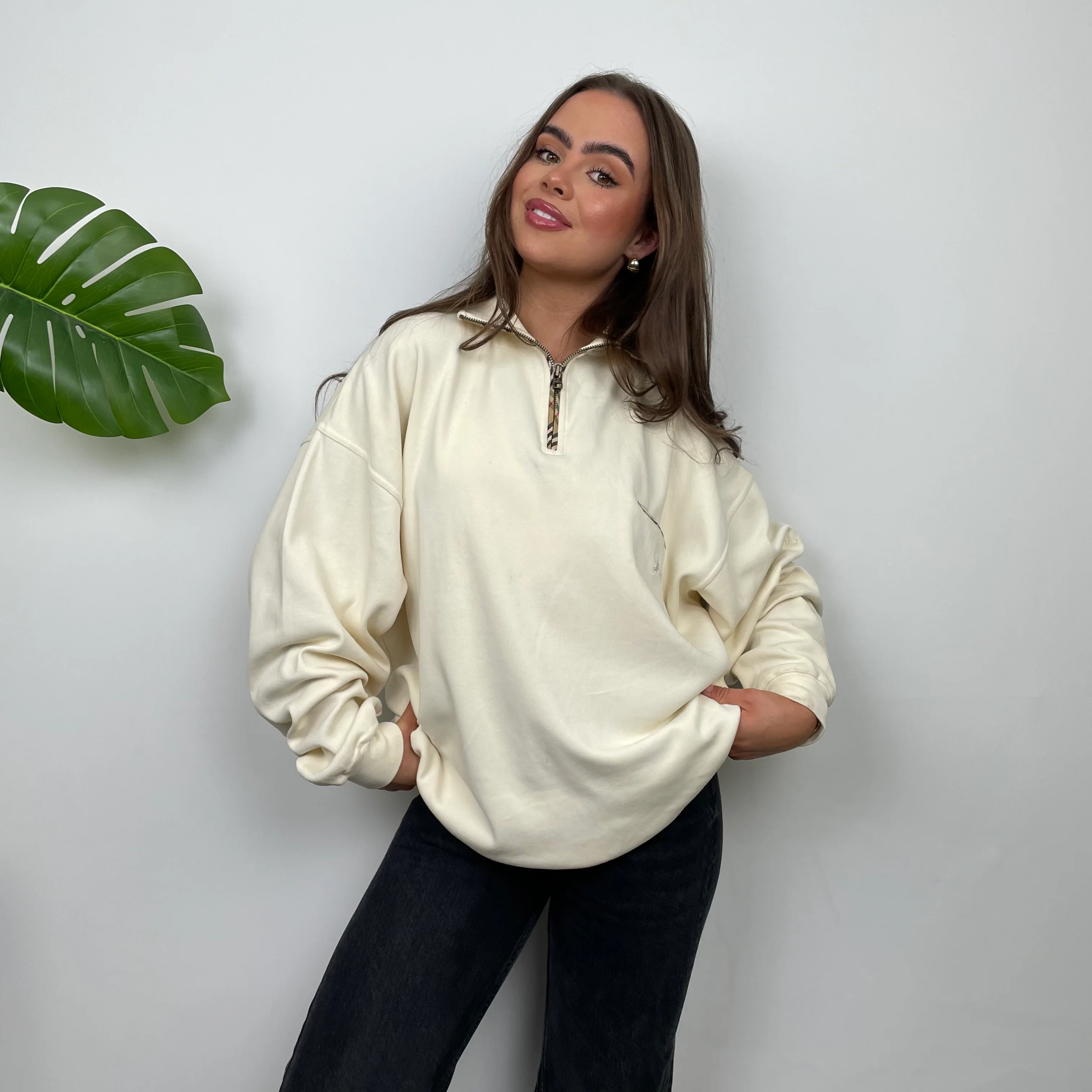 Burberry Cream Embroidered Spell Out Quarter Zip (L) - Image 6