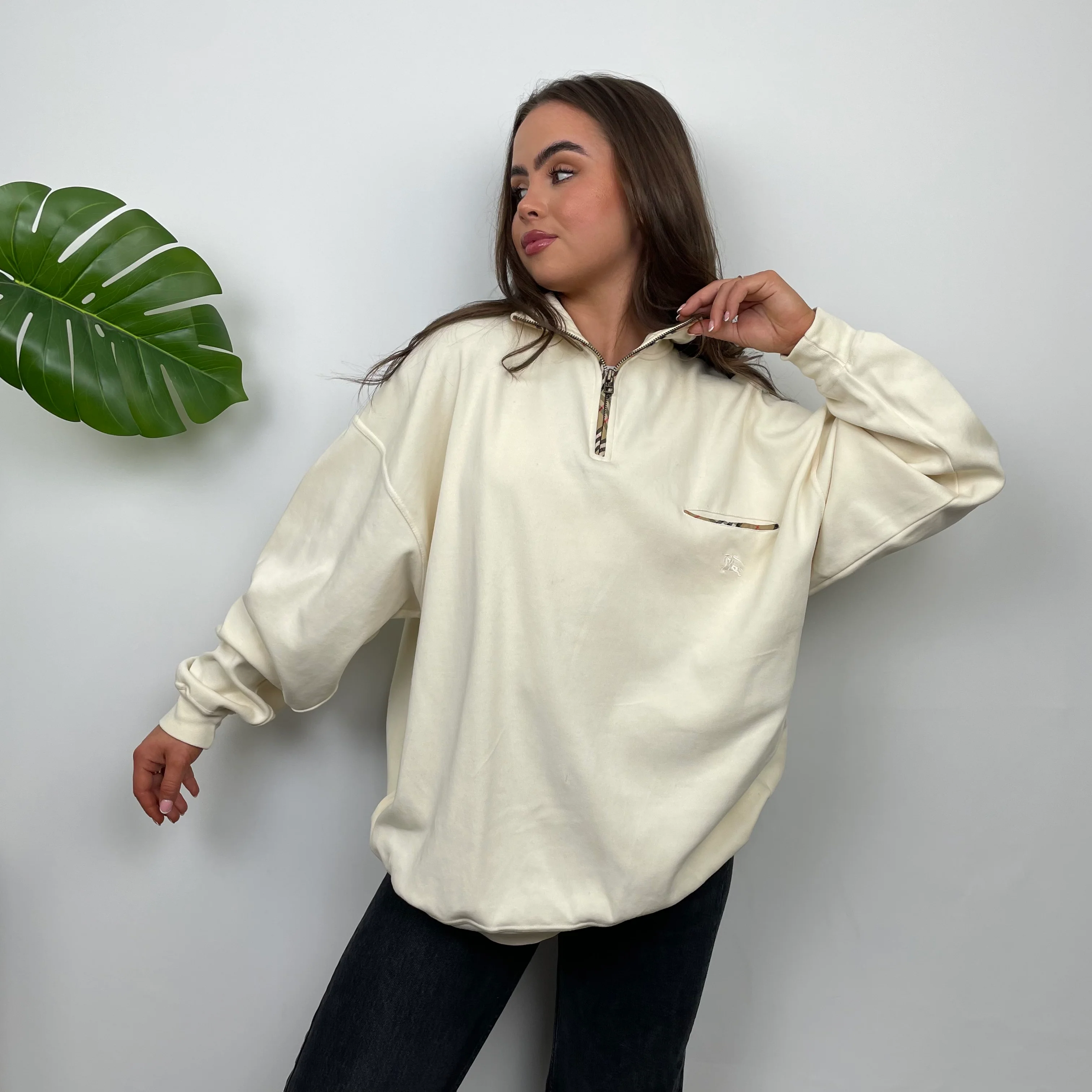 Burberry Cream Embroidered Spell Out Quarter Zip (L) - Image 7