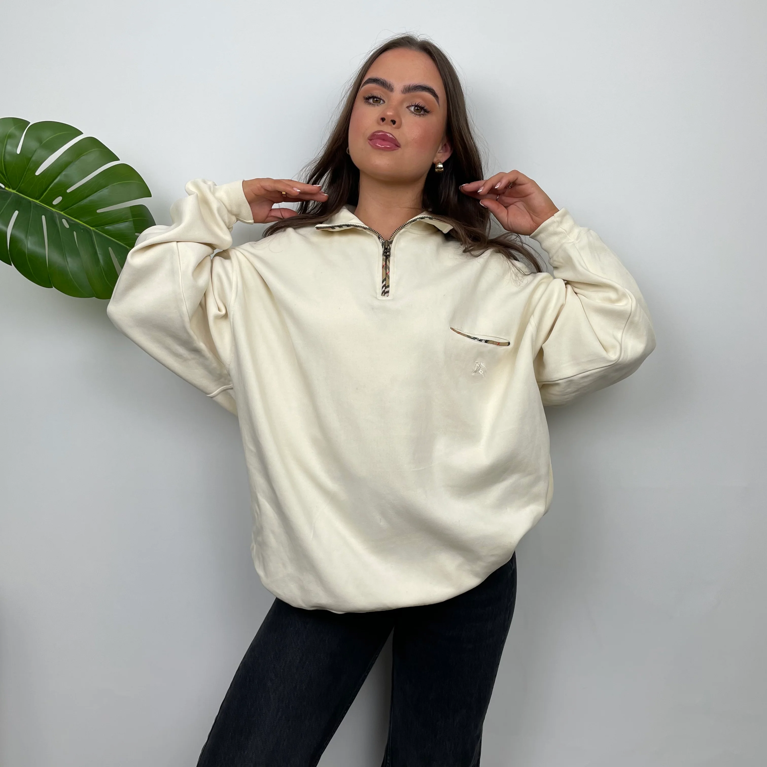 Burberry Cream Embroidered Spell Out Quarter Zip (L) - Image 9