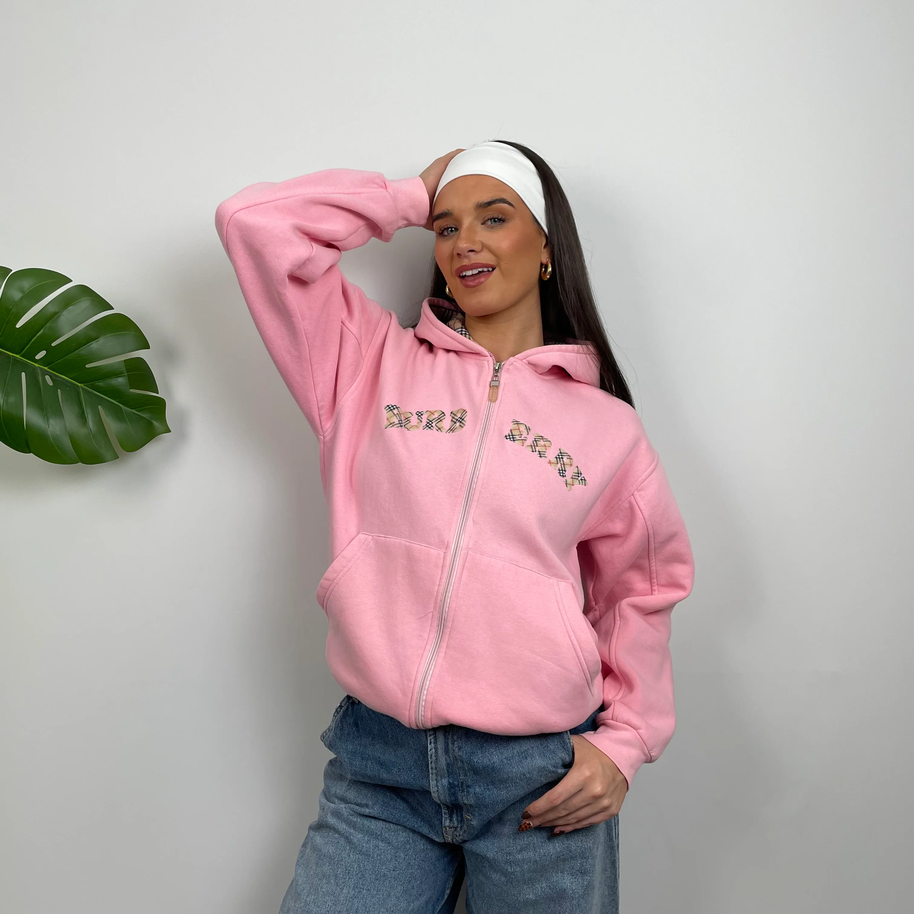 Burberry Pink Embroidered Logo Zip Up Sweatshirt (S) - Image 2