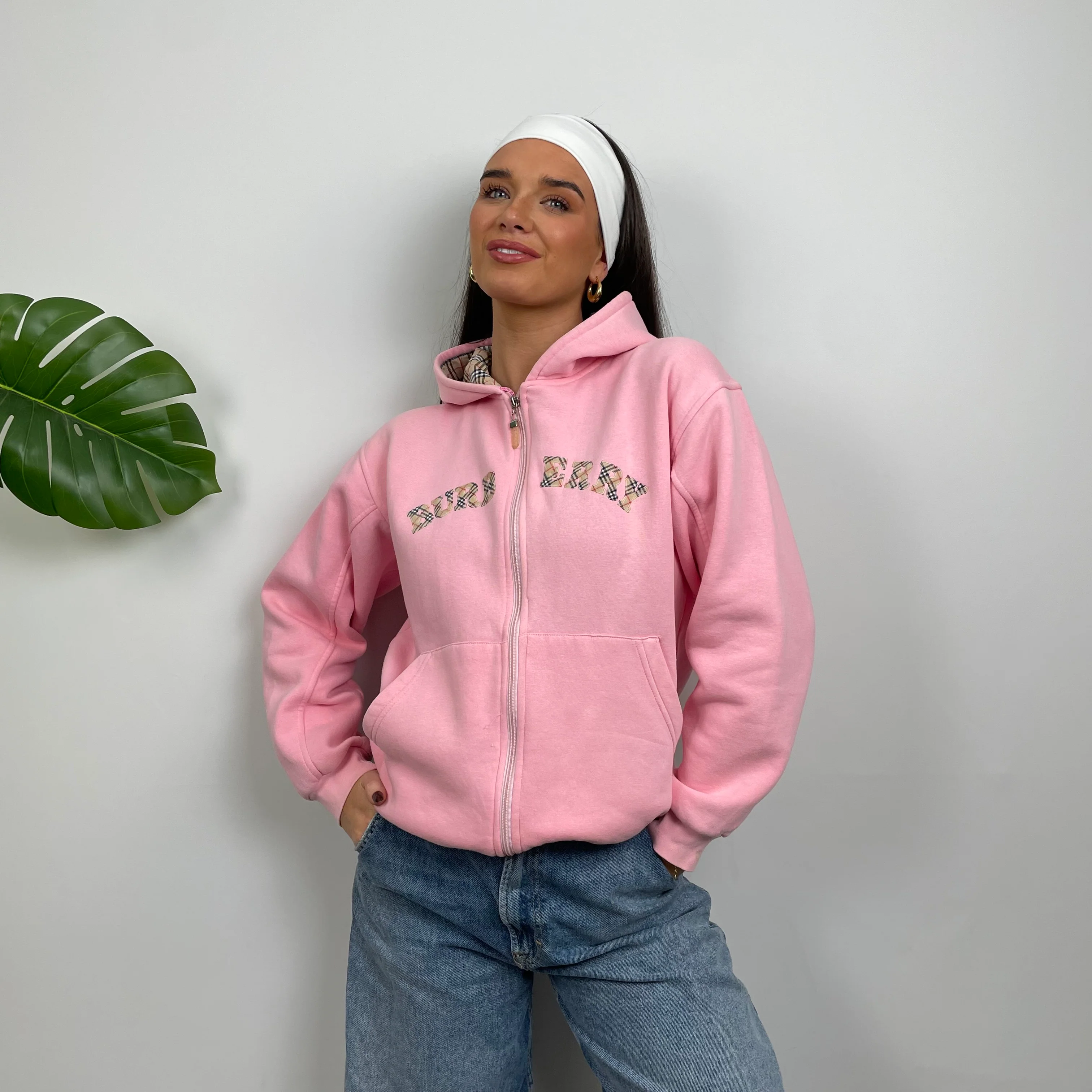 Burberry Pink Embroidered Logo Zip Up Sweatshirt (S) - Image 3