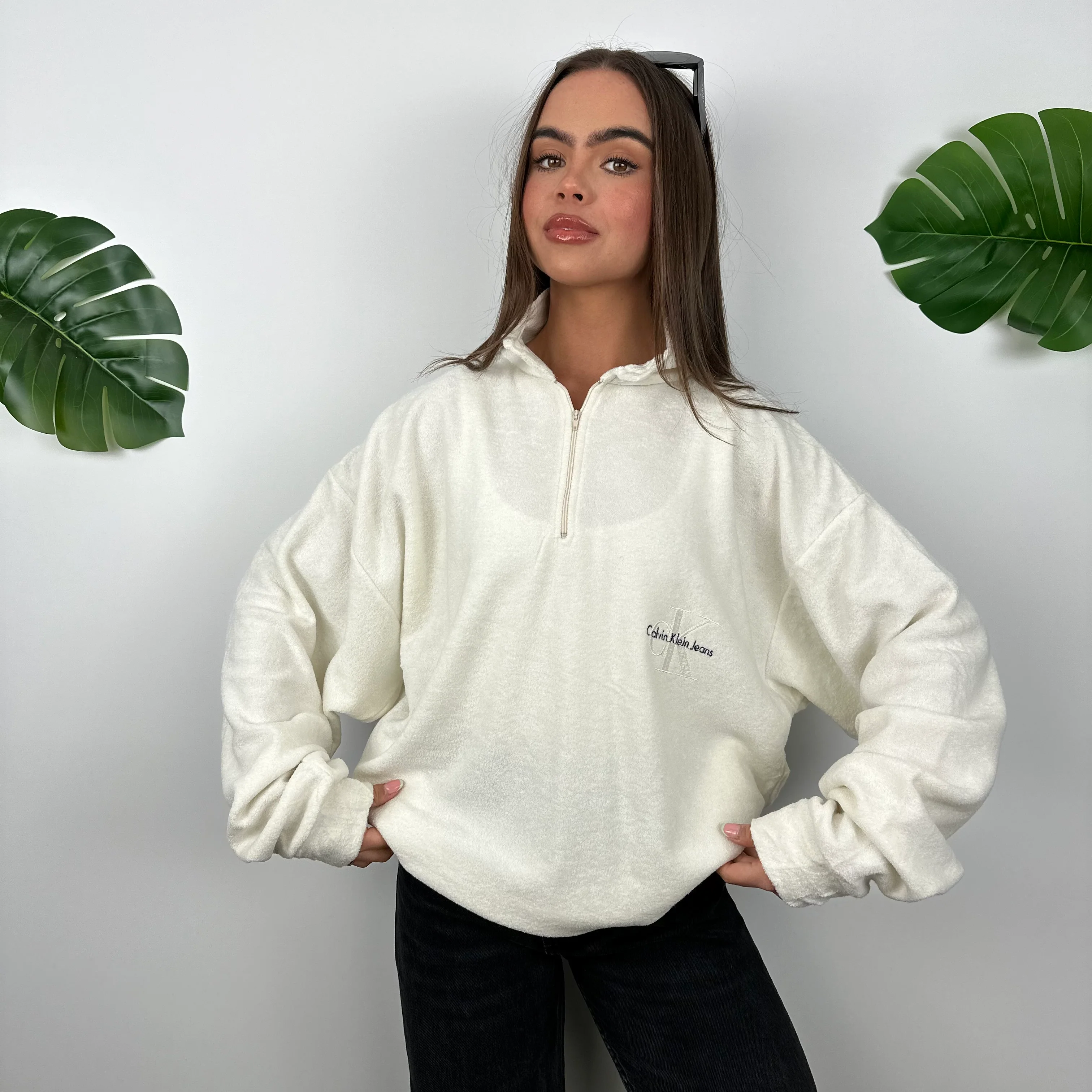 Calvin Klein Cream Embroidered Spell Out Teddy Bear Fleece Quarter Zip Sweatshirt (XL) - Image 3