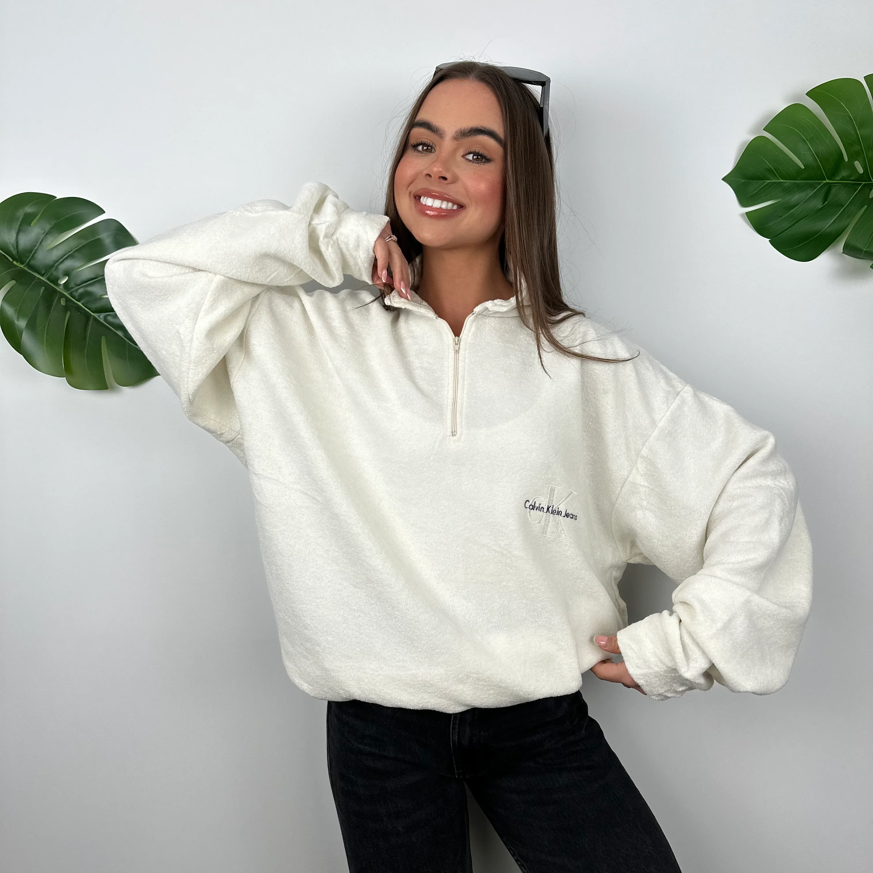 Calvin Klein Cream Embroidered Spell Out Teddy Bear Fleece Quarter Zip Sweatshirt (XL) - Image 4