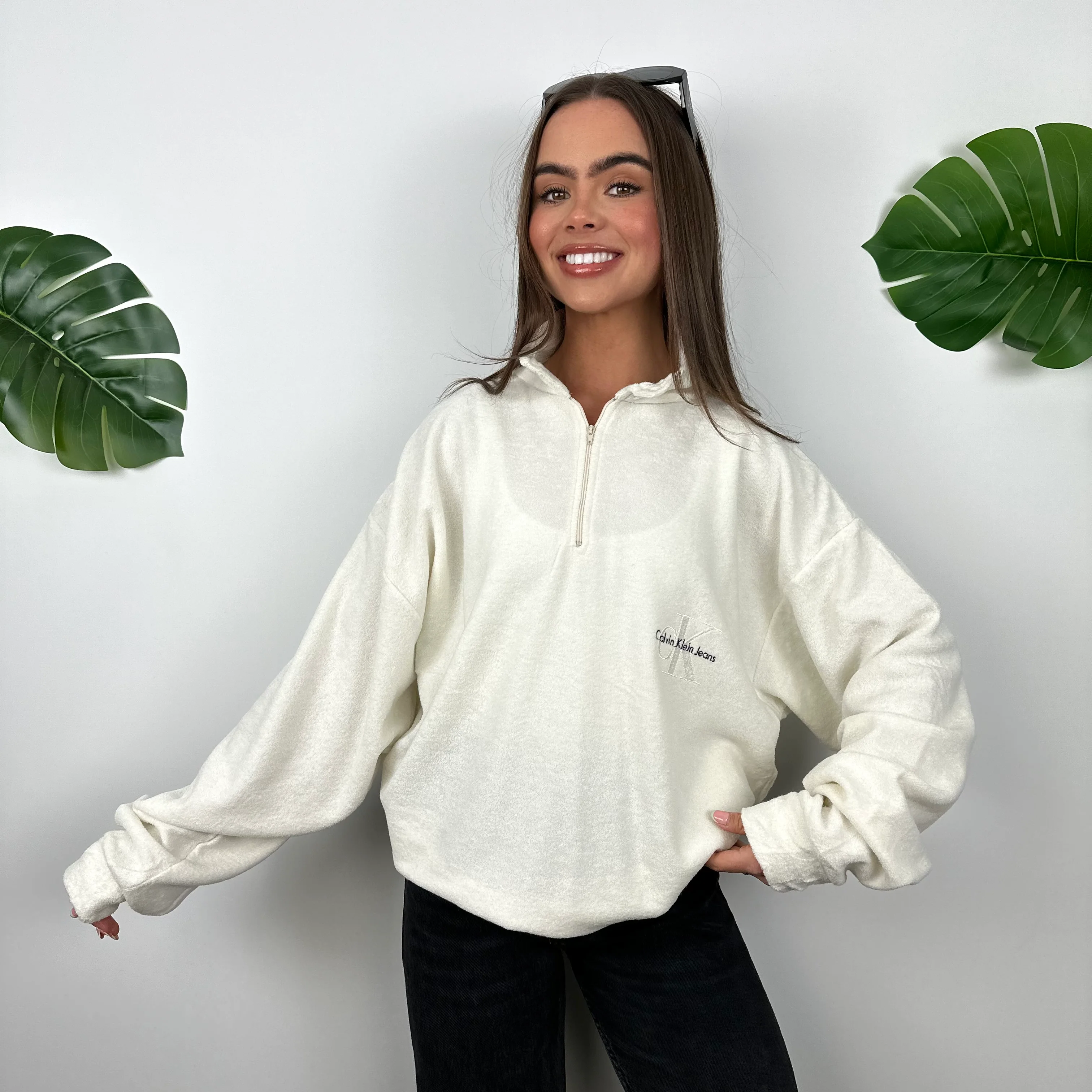 Calvin Klein Cream Embroidered Spell Out Teddy Bear Fleece Quarter Zip Sweatshirt (XL) - Image 5