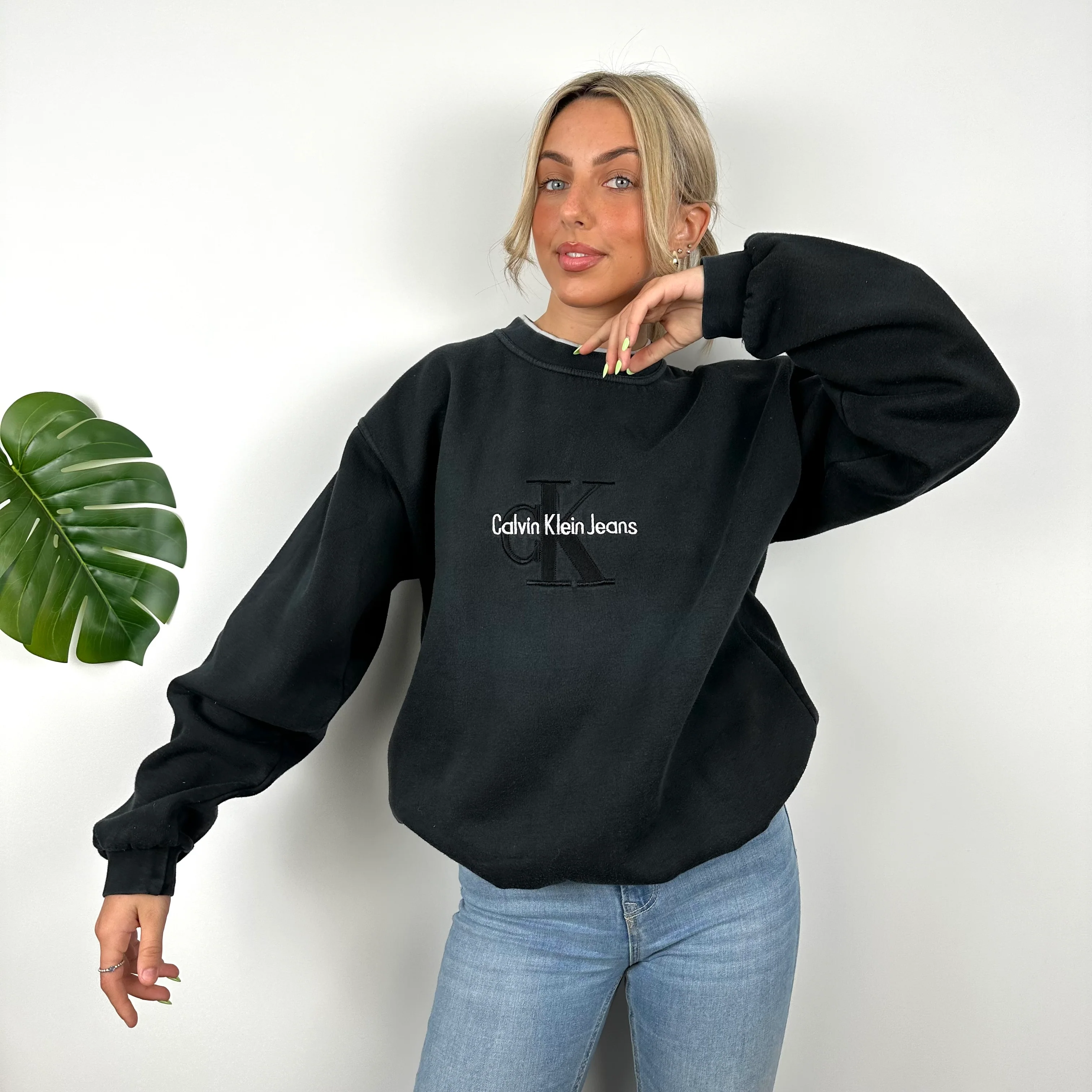 Calvin Klein RARE Black Embroidered Spell Out Sweatshirt (XL) - Image 5
