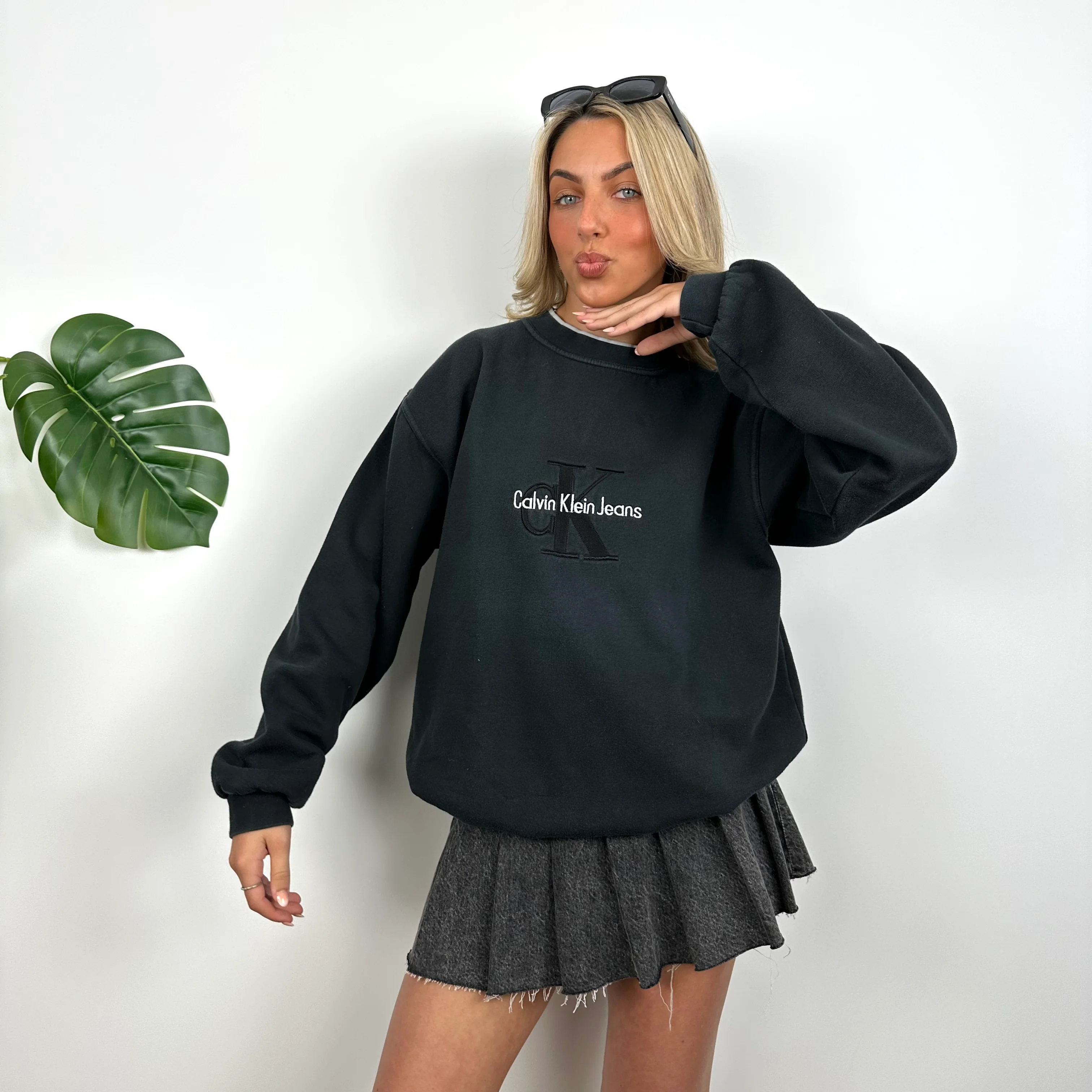 Calvin Klein RARE Black Embroidered Spell Out Sweatshirt (L) - Image 3