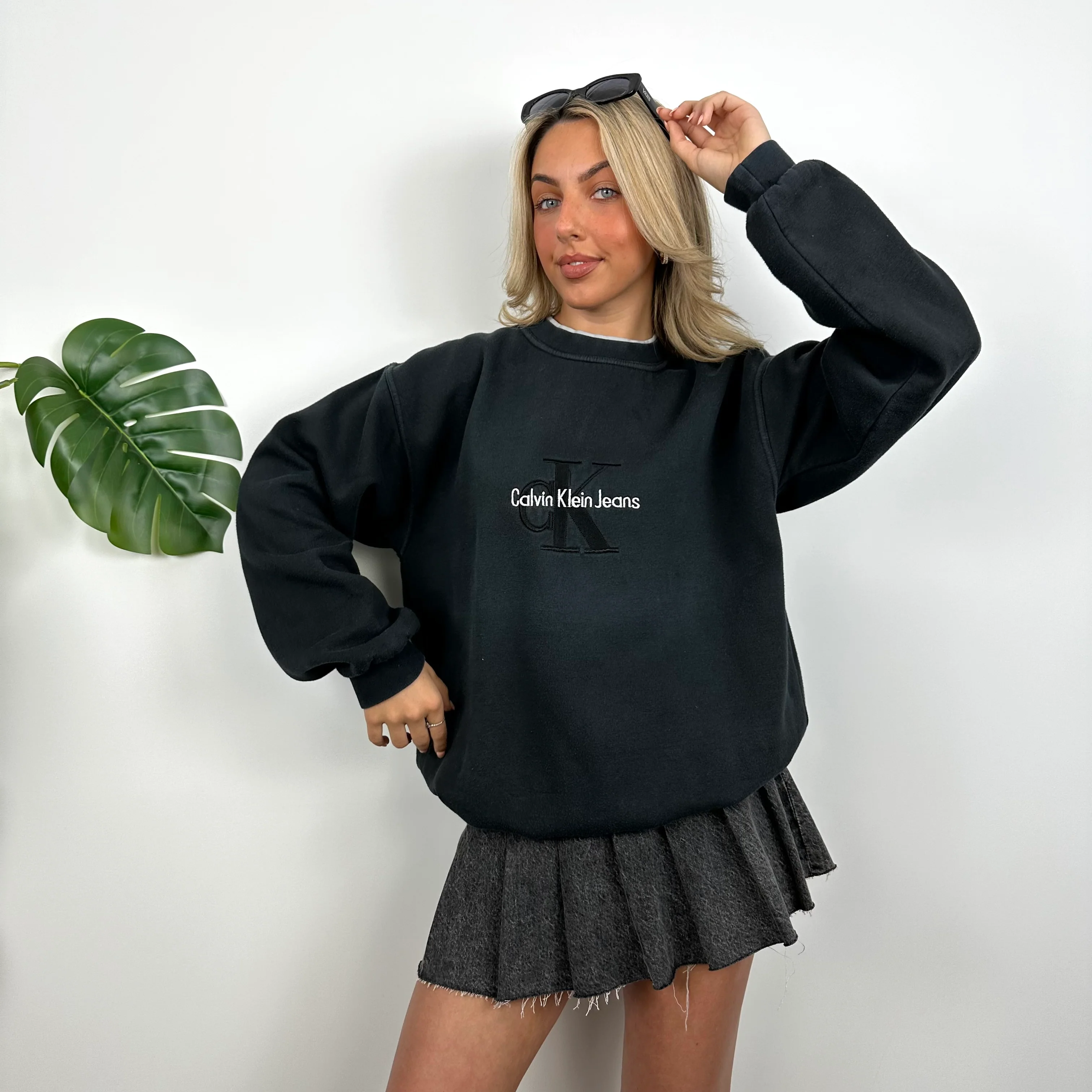 Calvin Klein RARE Black Embroidered Spell Out Sweatshirt (L) - Image 4