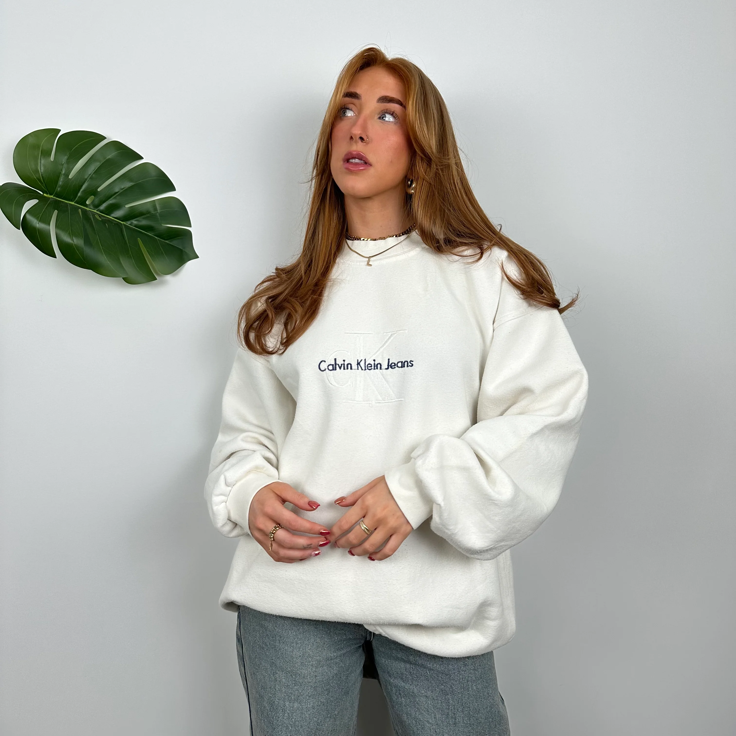Calvin Klein RARE White Embroidered Spell Out Sweatshirt (XL) - Image 6