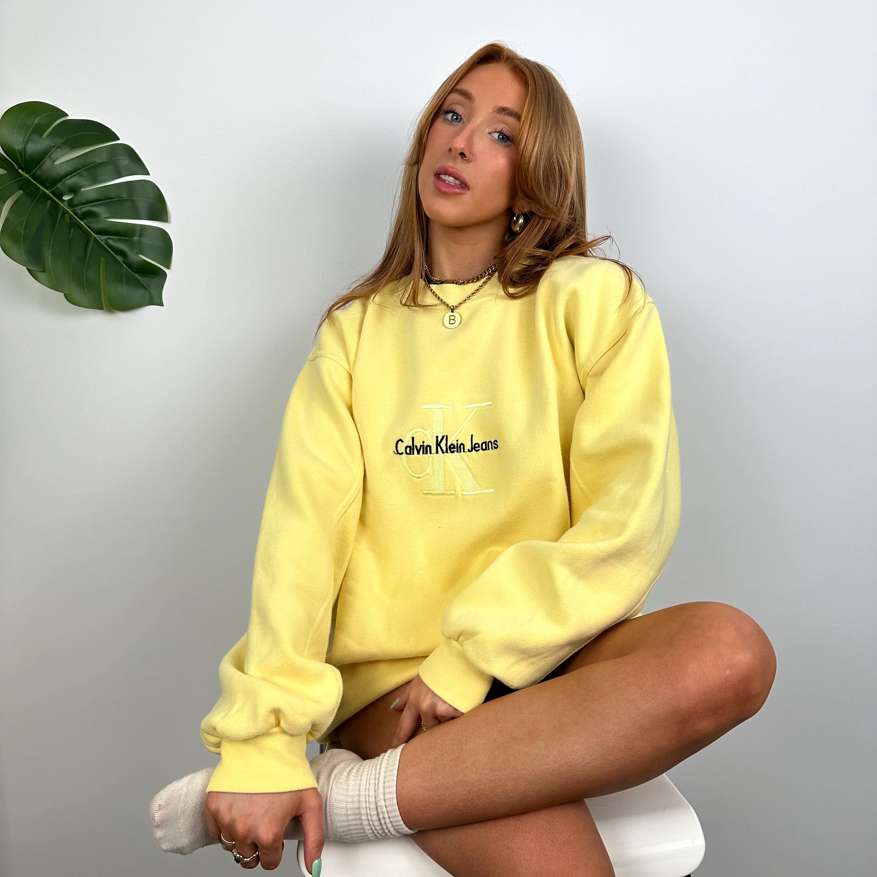 Calvin Klein RARE Yellow Embroidered Spell Out Sweatshirt (M)