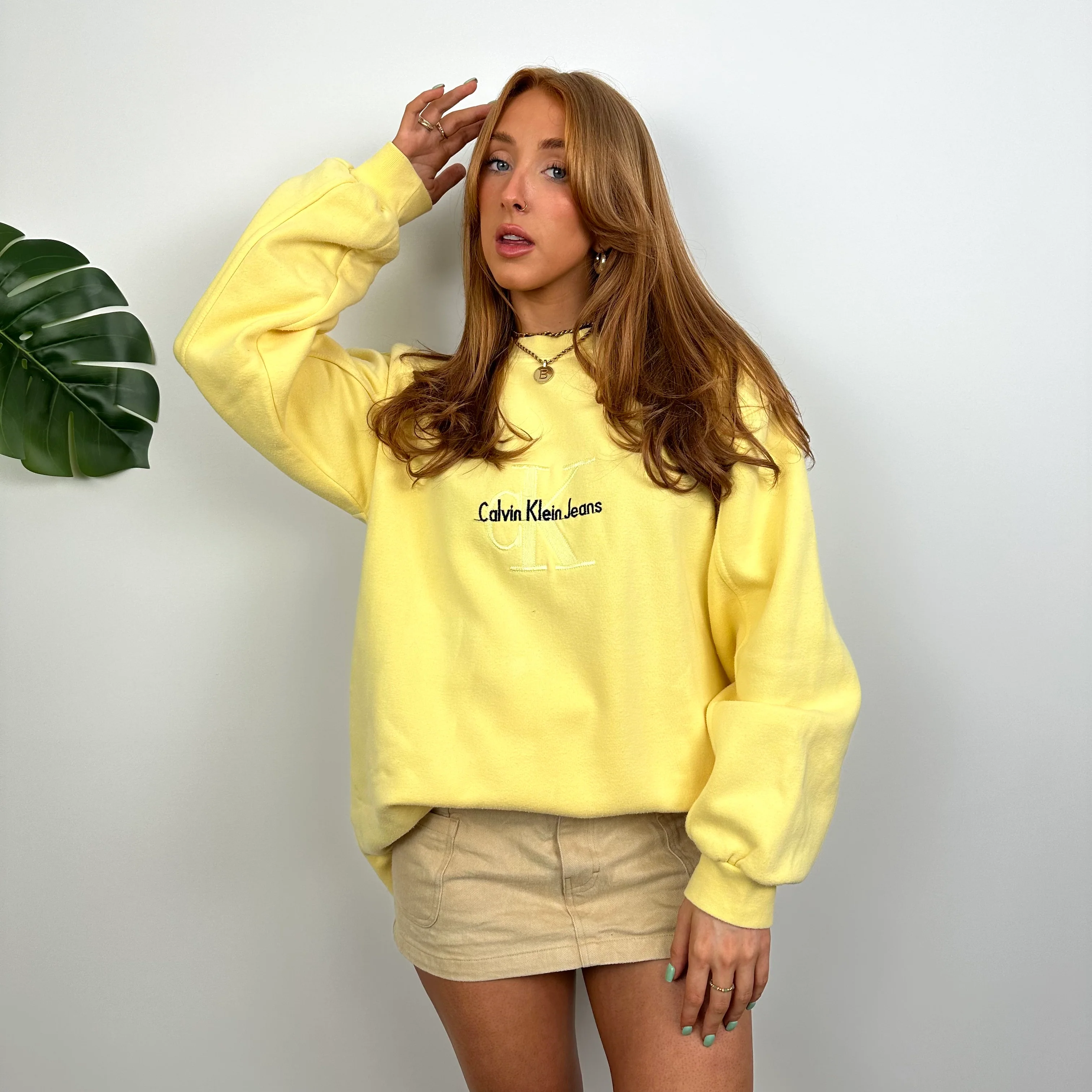 Calvin Klein RARE Yellow Embroidered Spell Out Sweatshirt (M) - Image 2
