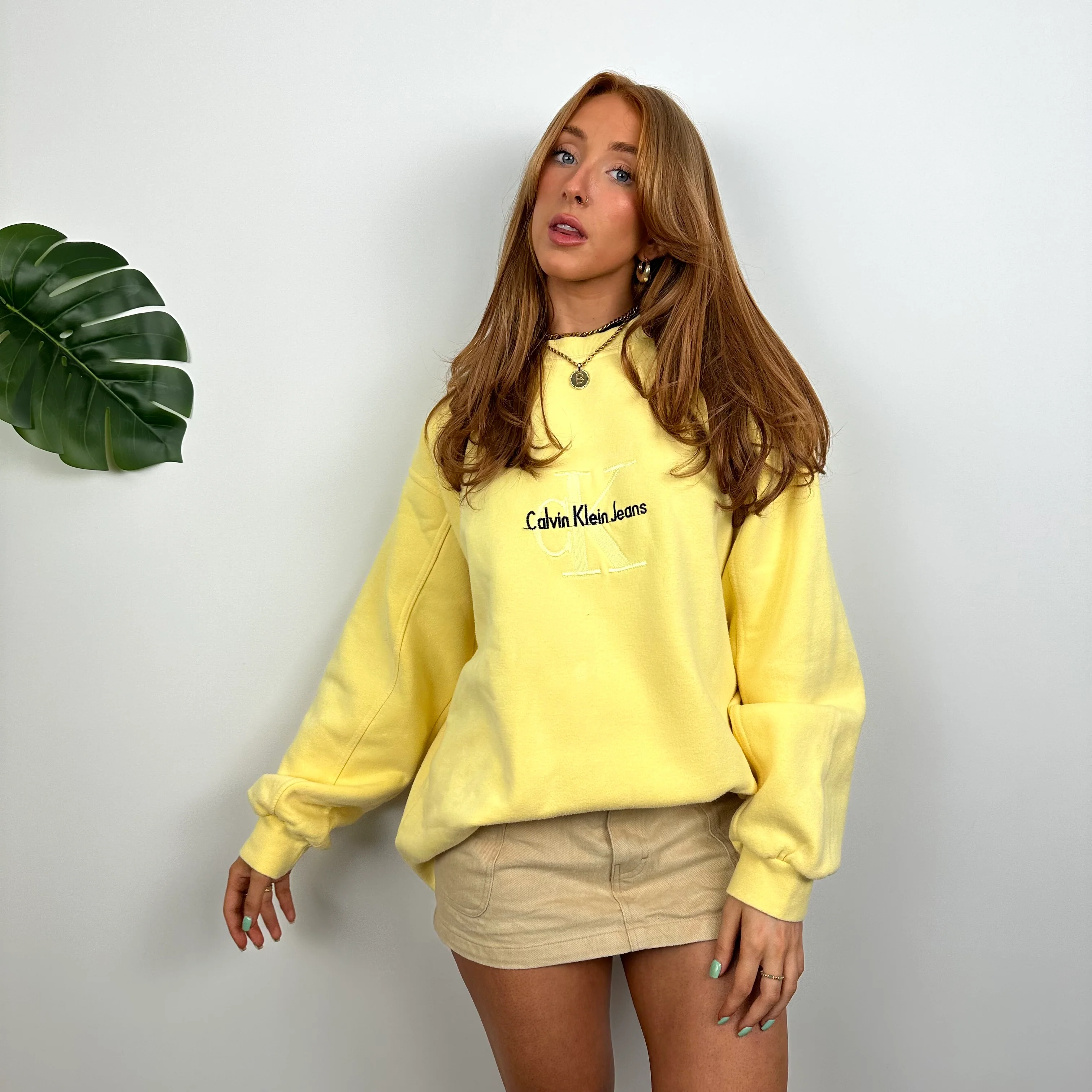 Calvin Klein RARE Yellow Embroidered Spell Out Sweatshirt (M) - Image 3