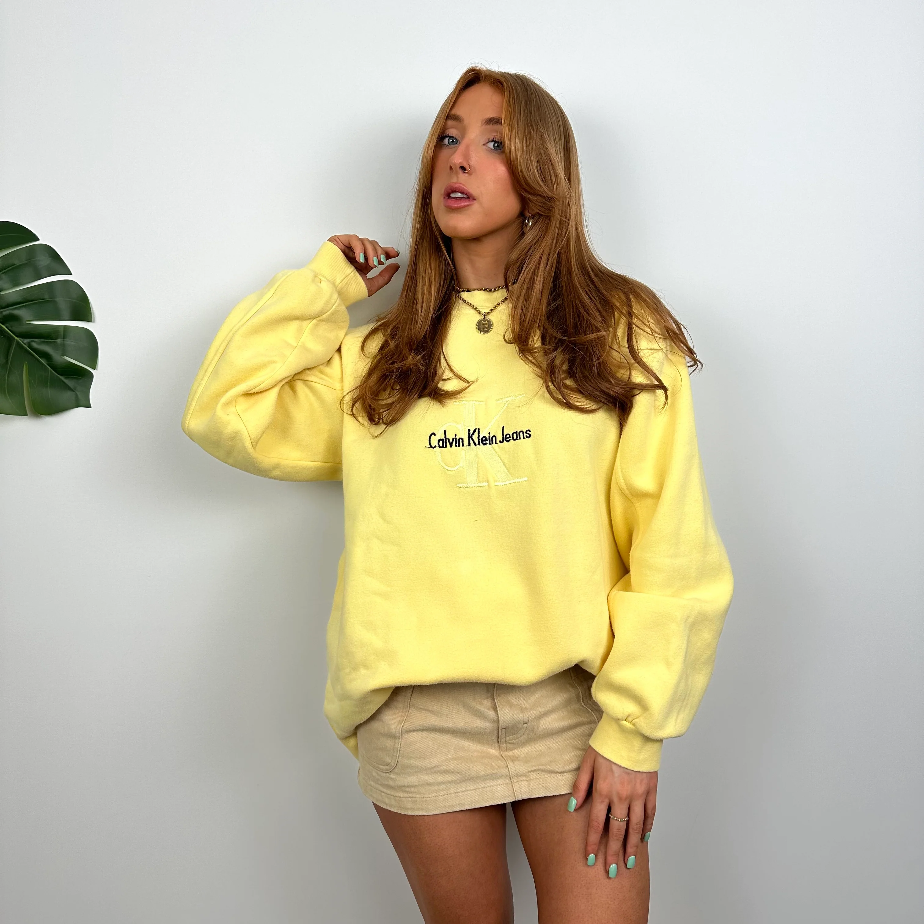 Calvin Klein RARE Yellow Embroidered Spell Out Sweatshirt (M) - Image 4