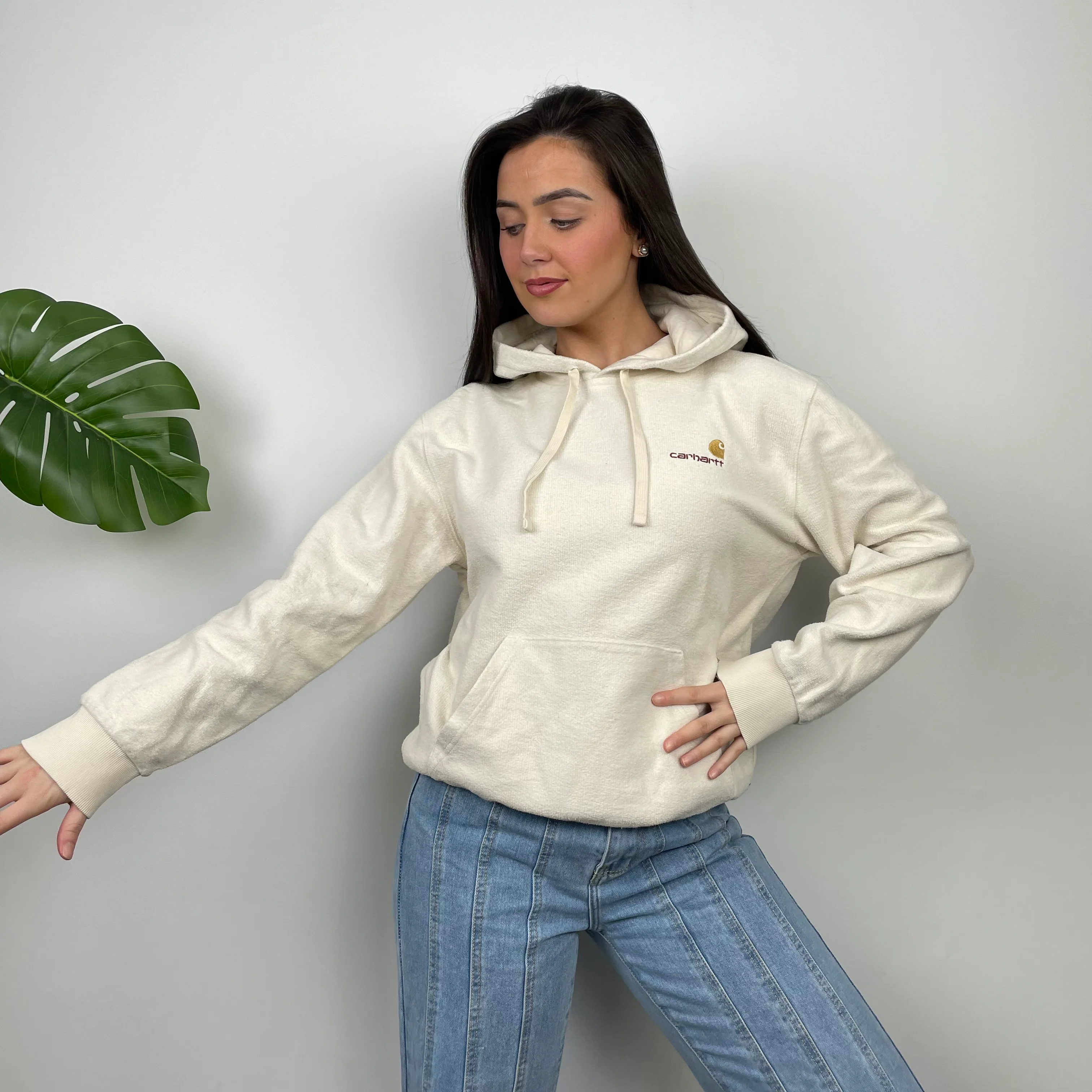 Carhartt Cream Embroidered Logo Hoodie (M) - Image 2