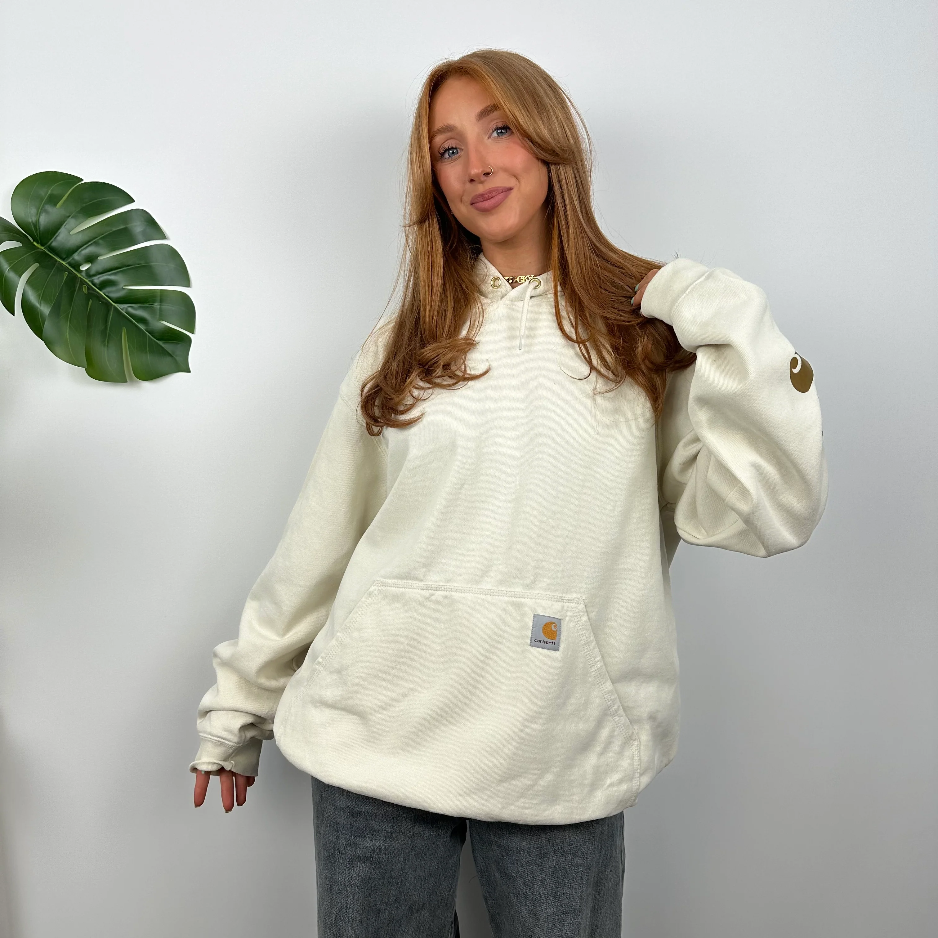 Carhartt Cream Embroidered Logo Hoodie (L) - Image 2