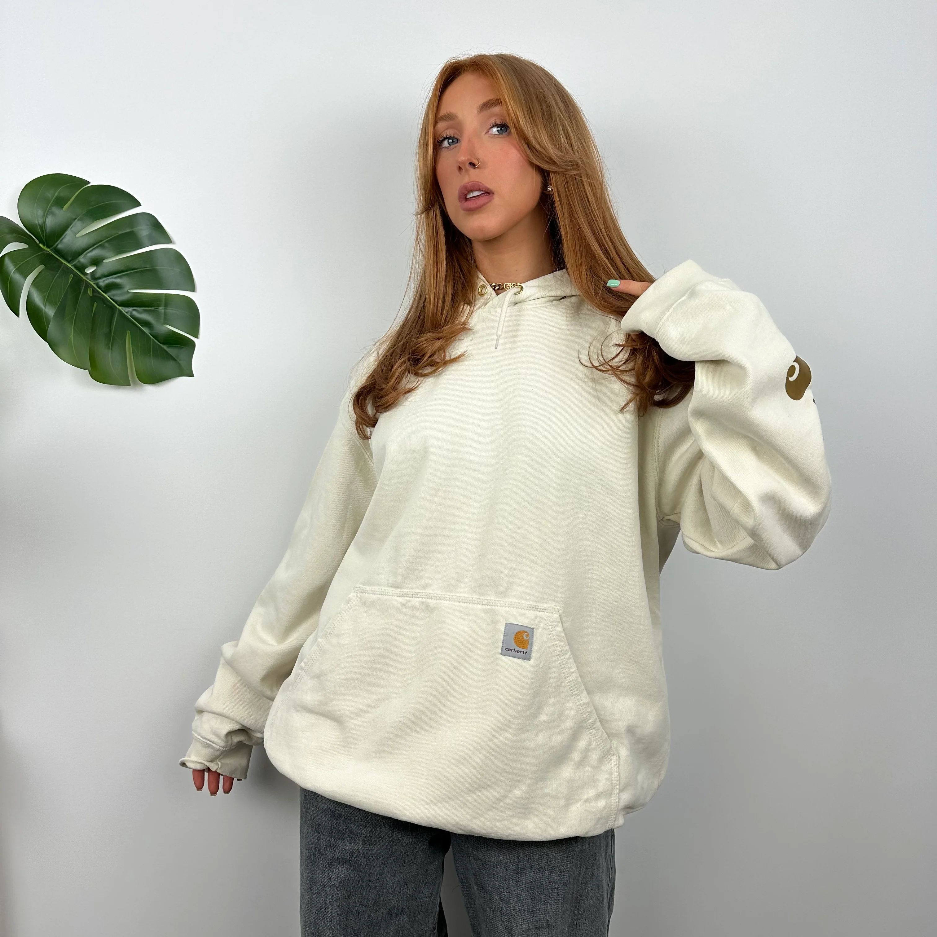 Carhartt Cream Embroidered Logo Hoodie (L) - Image 3