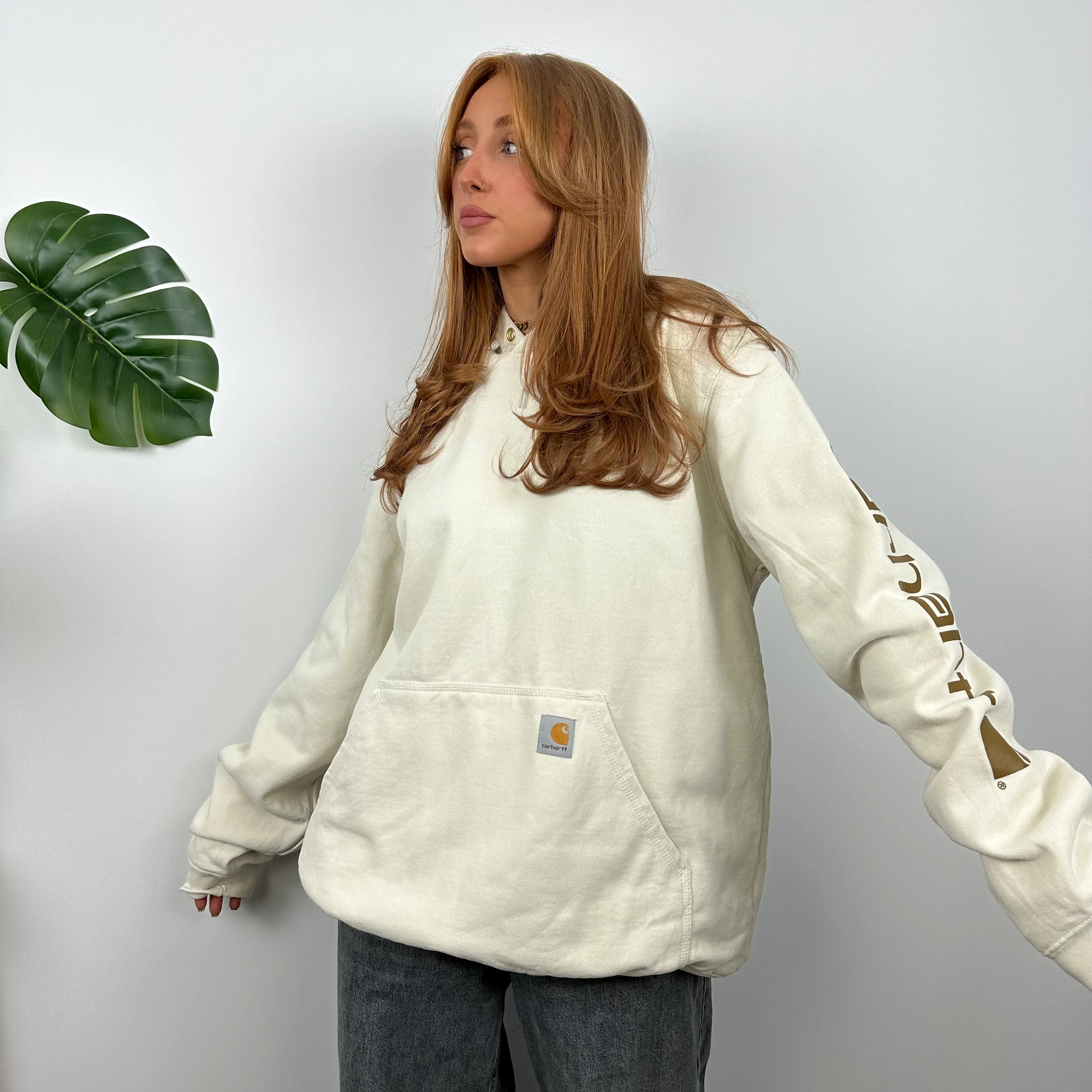 Carhartt Cream Embroidered Logo Hoodie (L) - Image 4