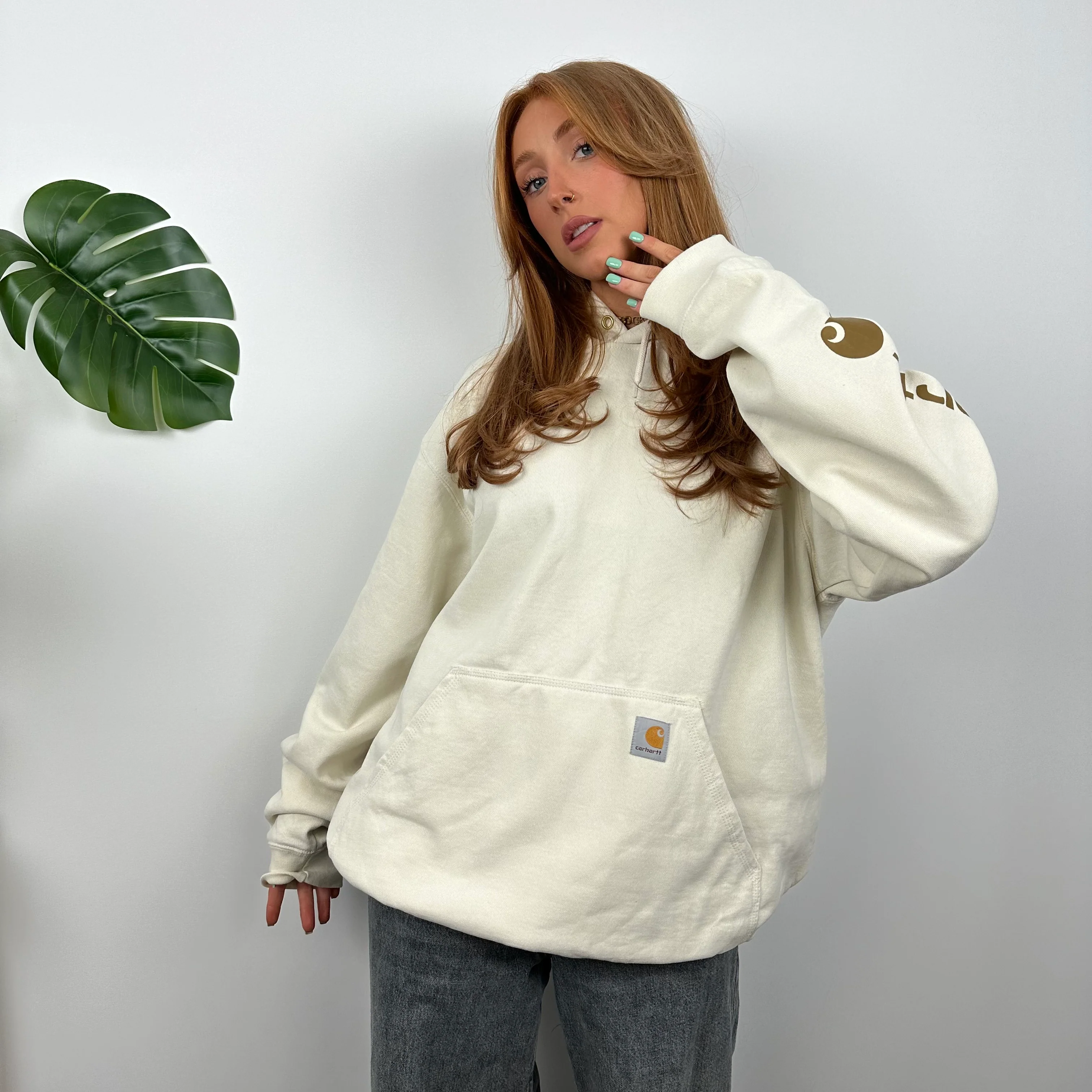 Carhartt Cream Embroidered Logo Hoodie (L) - Image 5