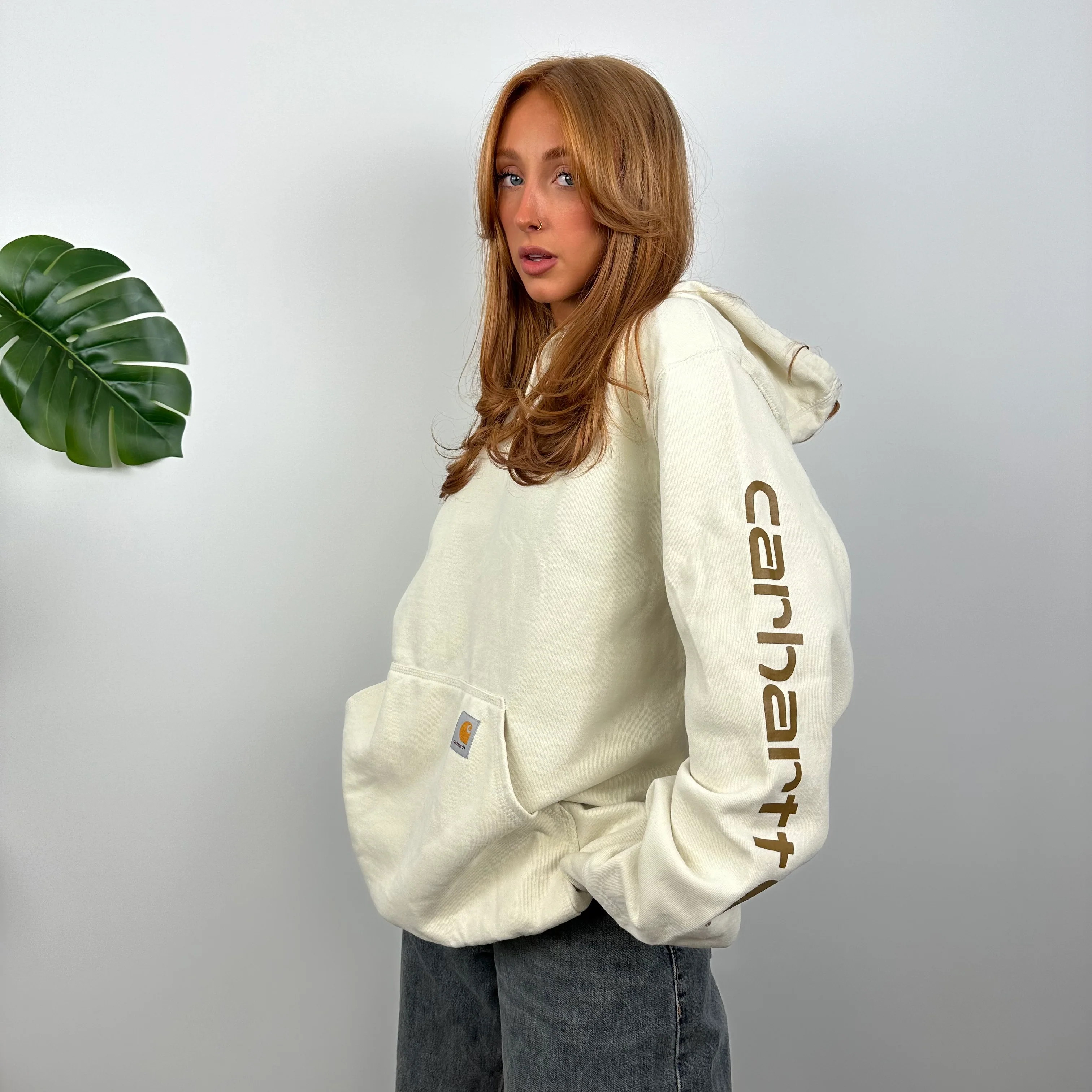 Carhartt Cream Embroidered Logo Hoodie (L) - Image 7