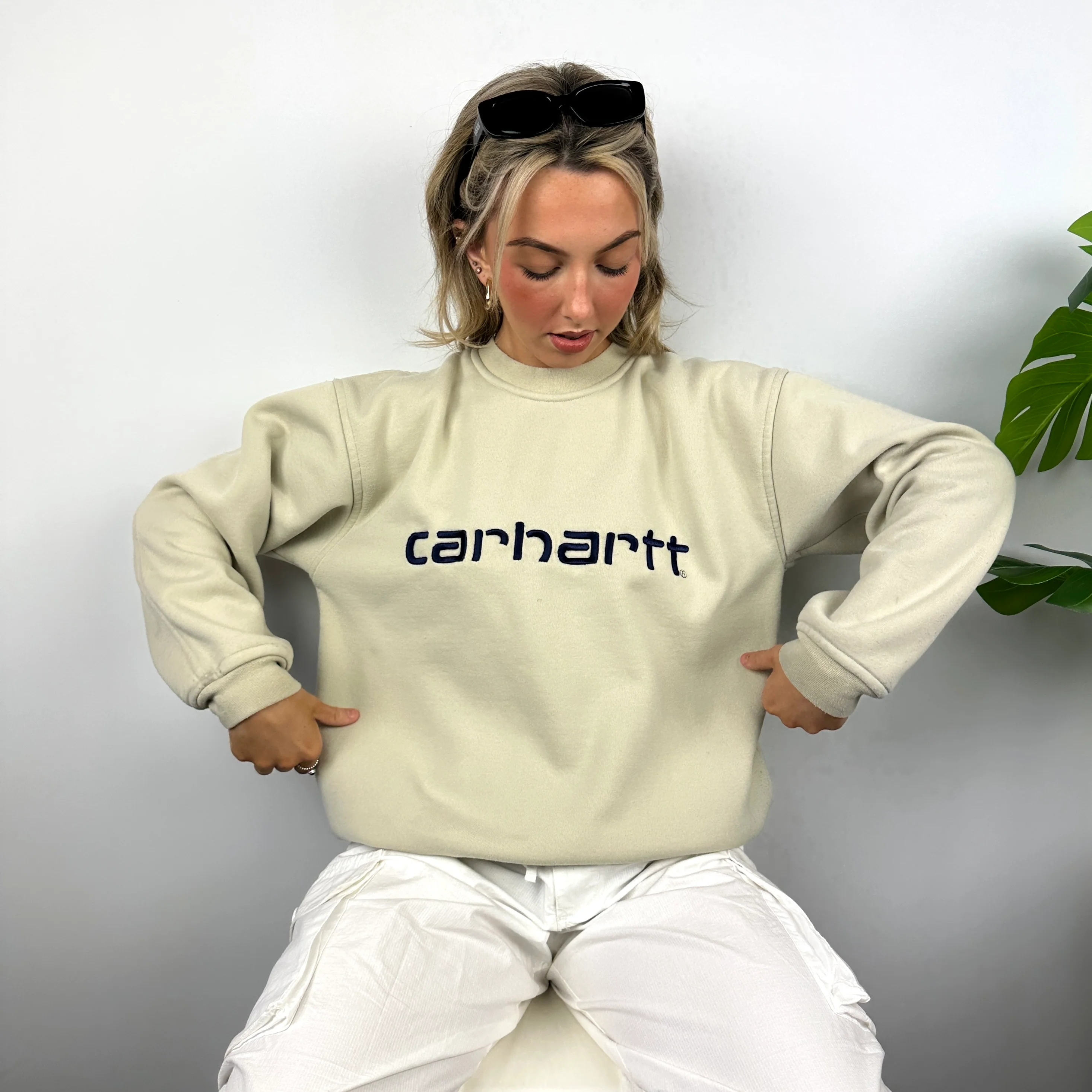 Carhartt Cream Embroidered Spell Out Sweatshirt (M)