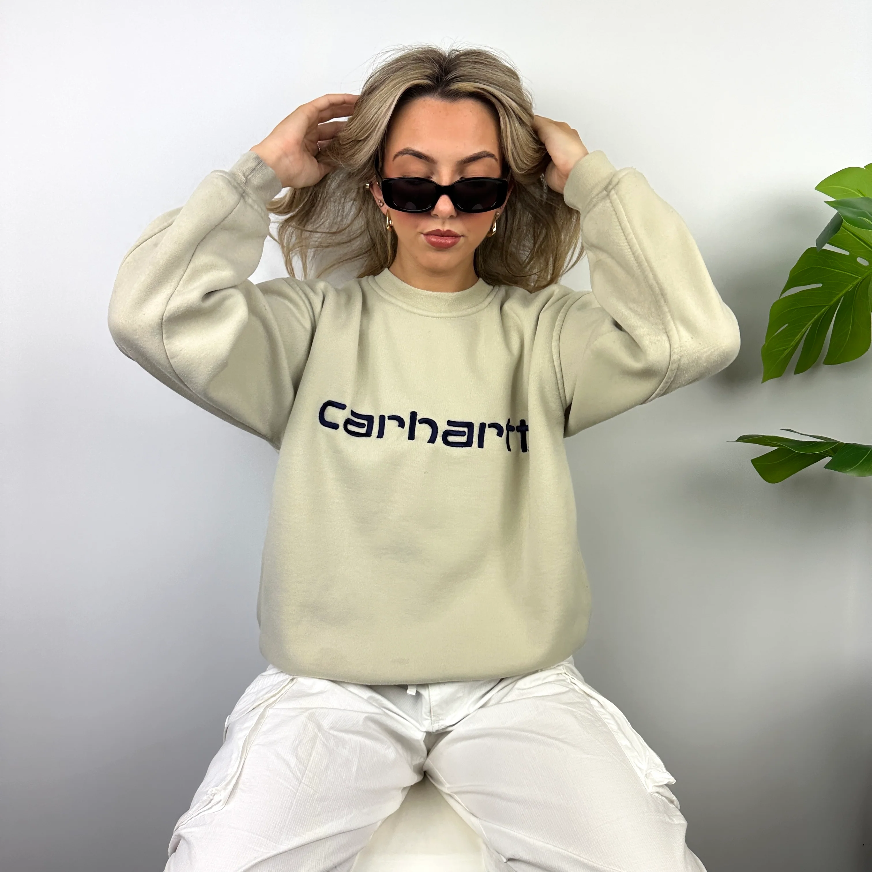 Carhartt Cream Embroidered Spell Out Sweatshirt (M) - Image 6