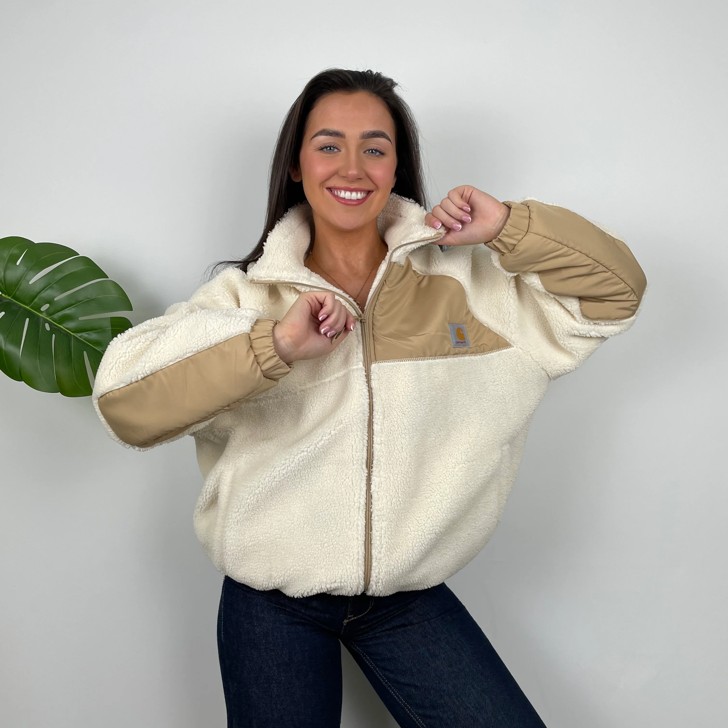 Carhartt Cream Teddy Bear Sherpa Fleece Zip Up Jacket (M) - Image 2