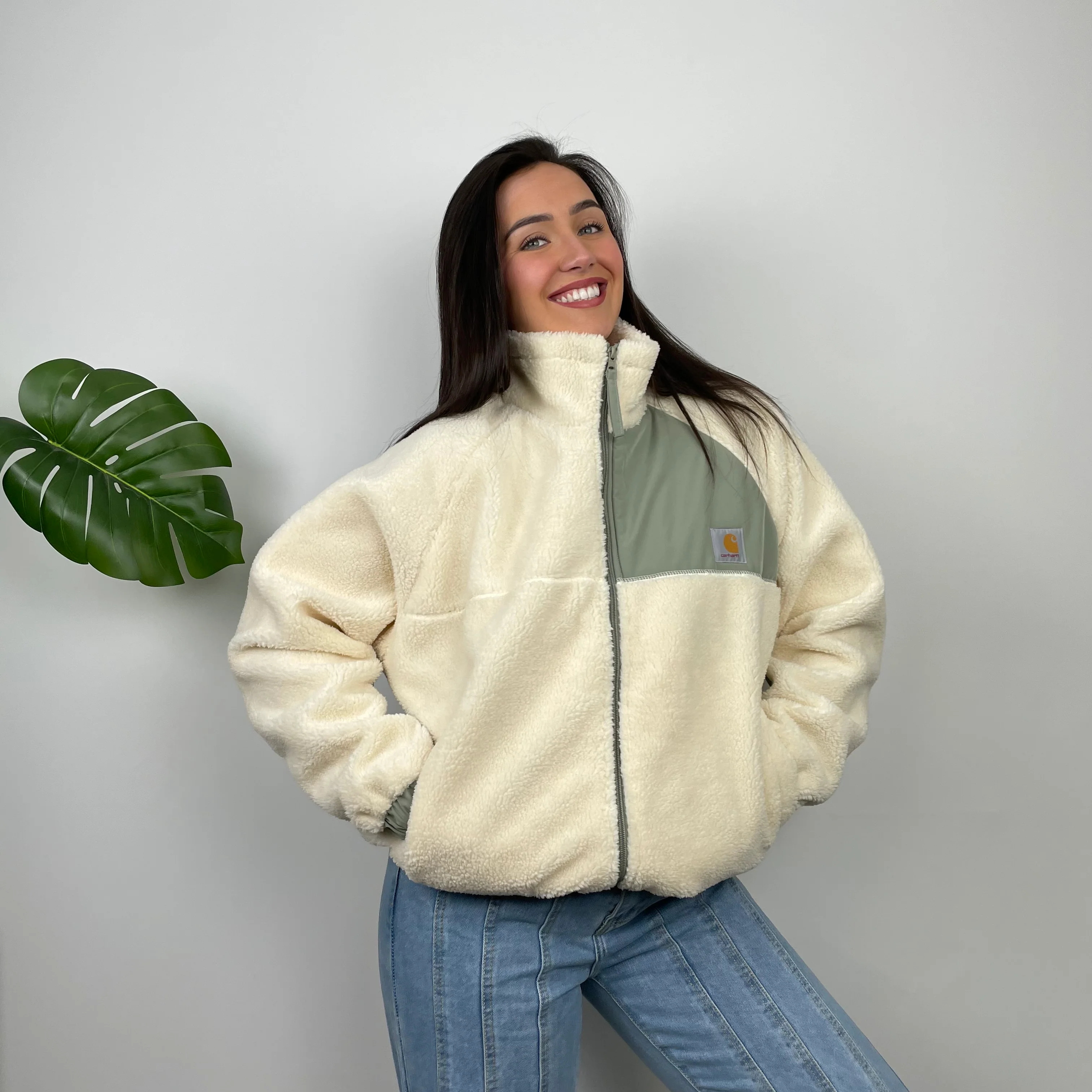 Carhartt Cream Teddy Bear Sherpa Fleece Zip Up Jacket (M) - Image 2