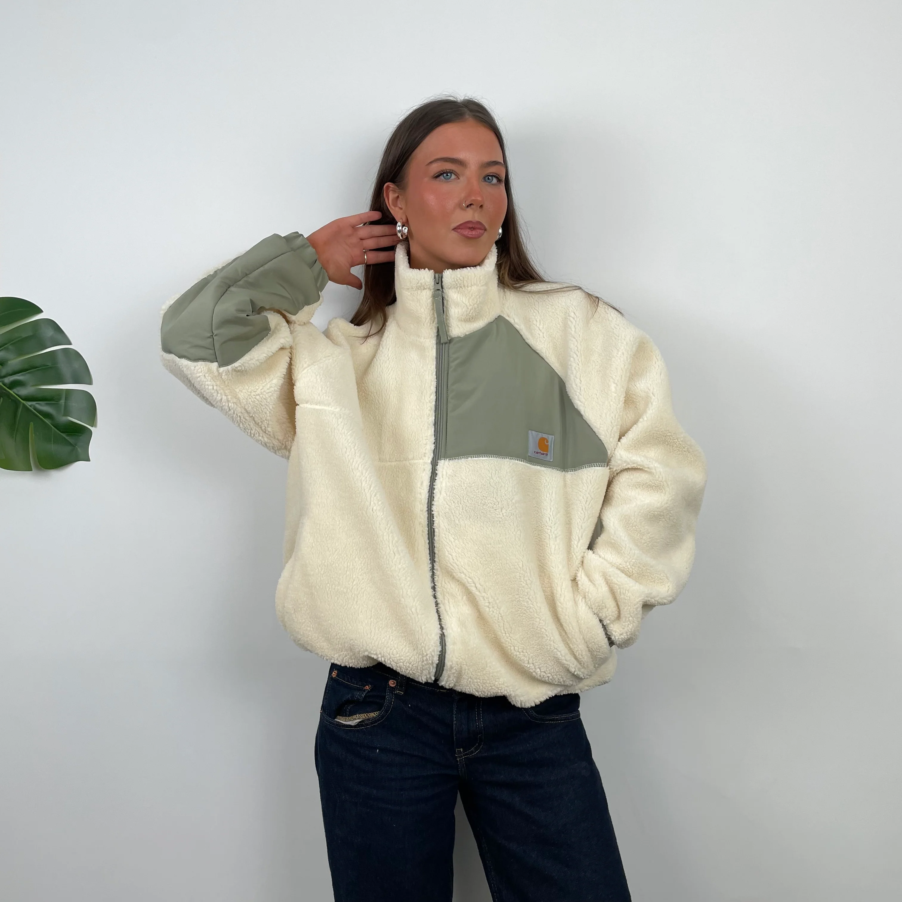 Carhartt Cream Teddy Bear Sherpa Fleece Zip Up Jacket (M) - Image 2