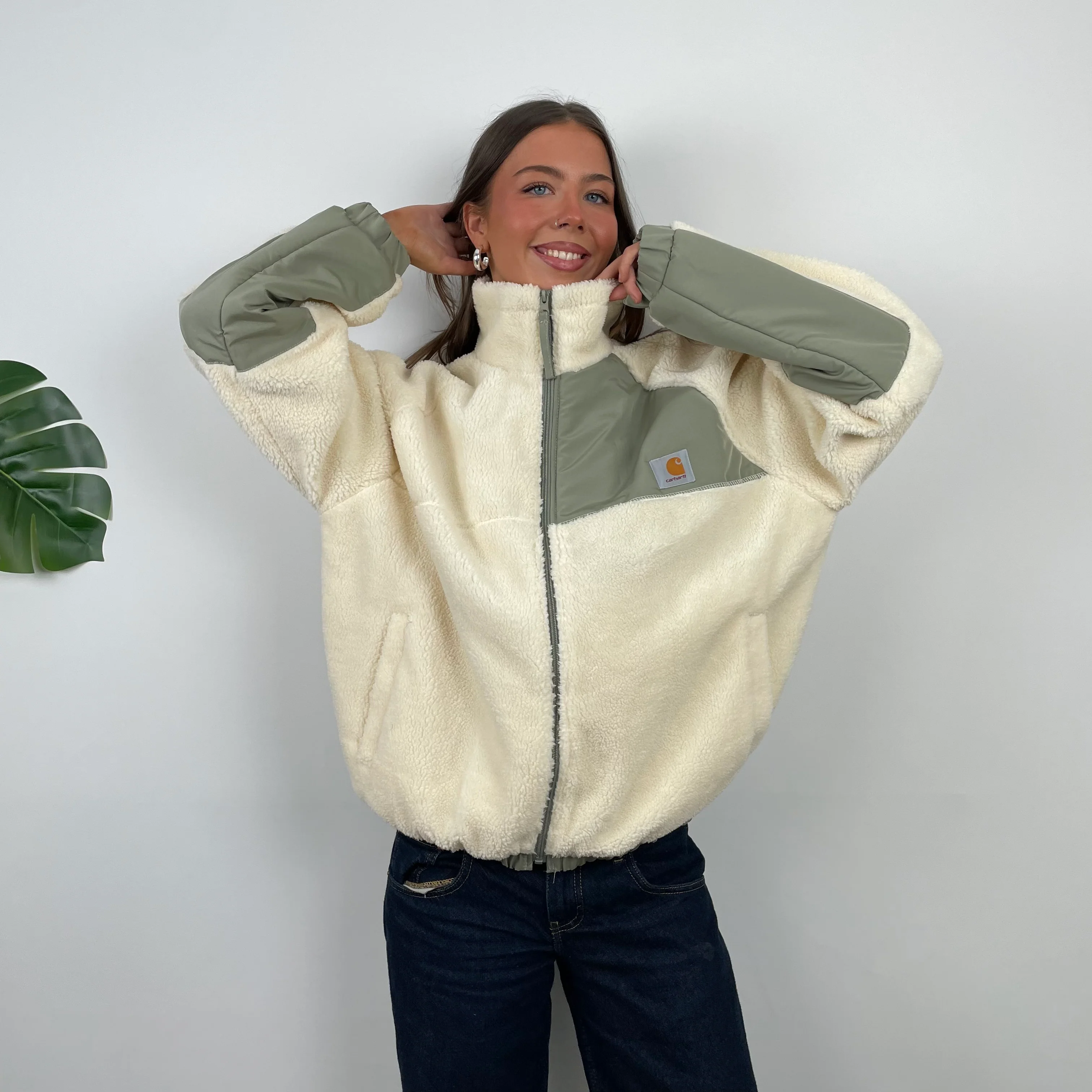 Carhartt Cream Teddy Bear Sherpa Fleece Zip Up Jacket (M) - Image 3