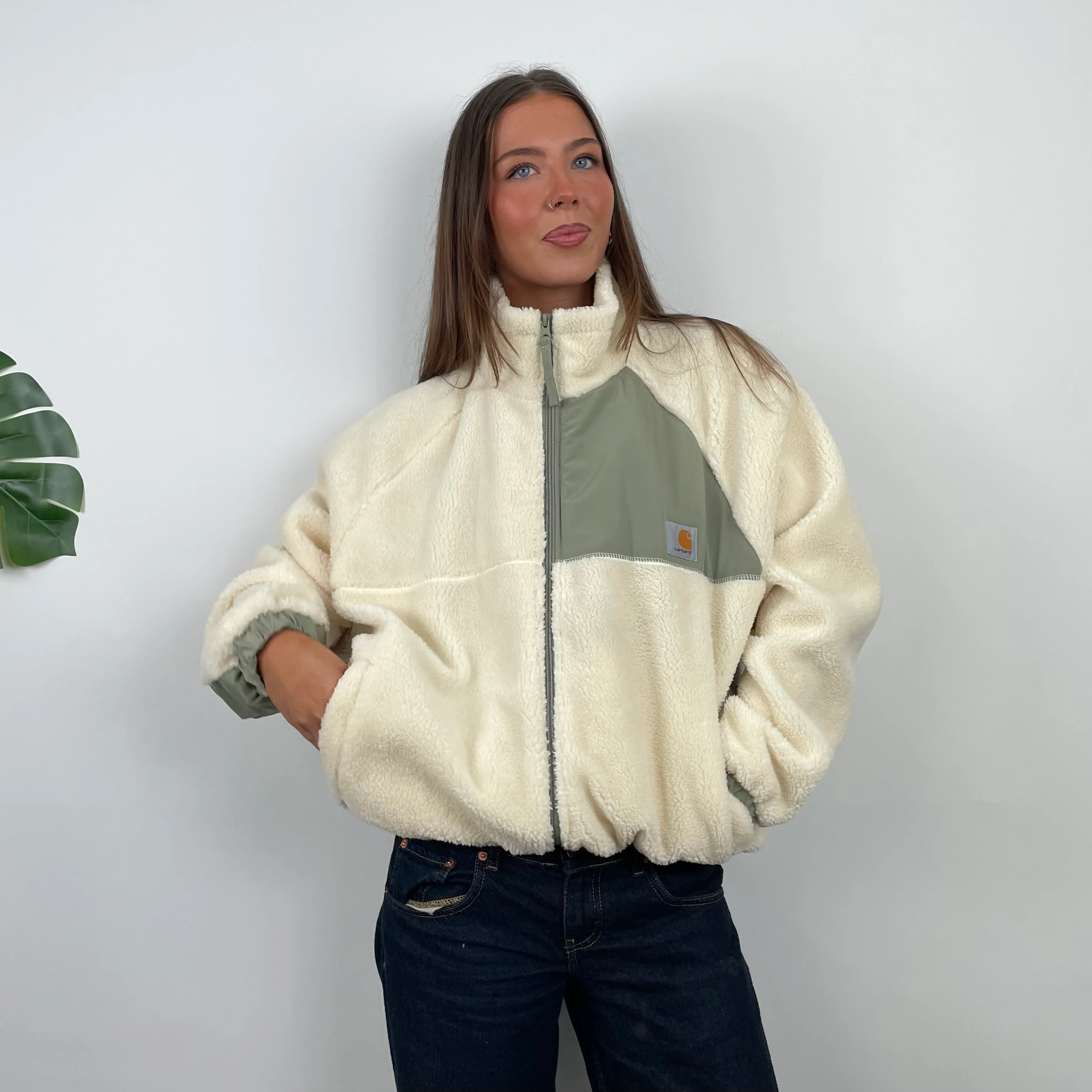 Carhartt Cream Teddy Bear Sherpa Fleece Zip Up Jacket (M) - Image 4