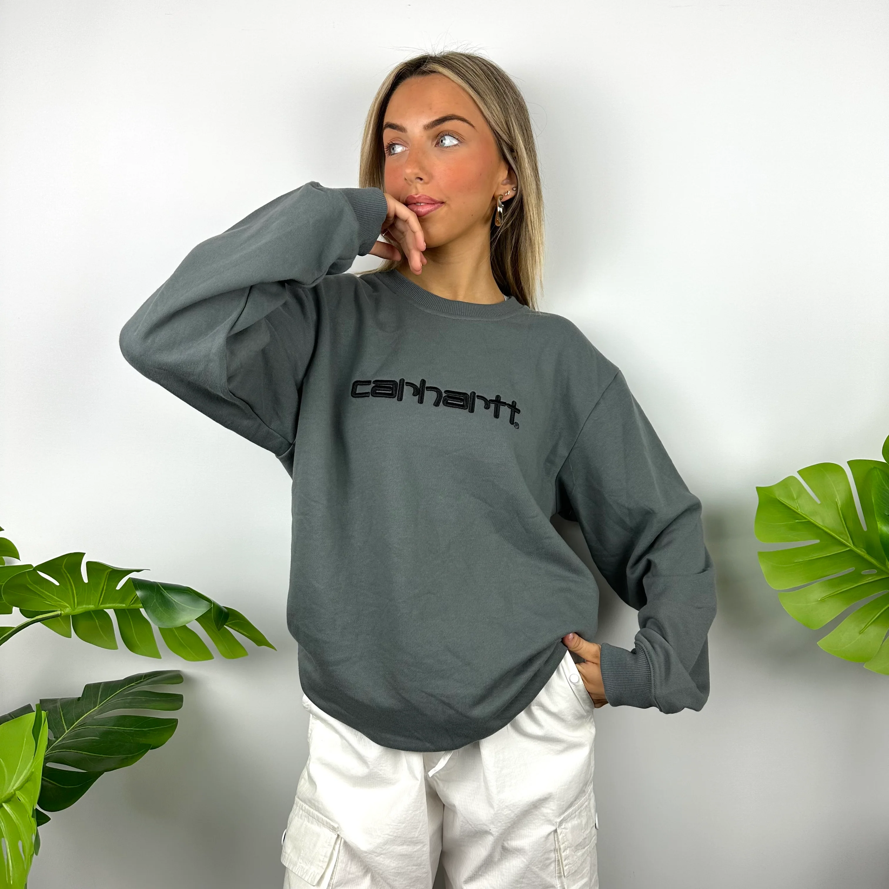 Carhartt Grey Embroidered Spell Out Sweatshirt (L) - Image 4