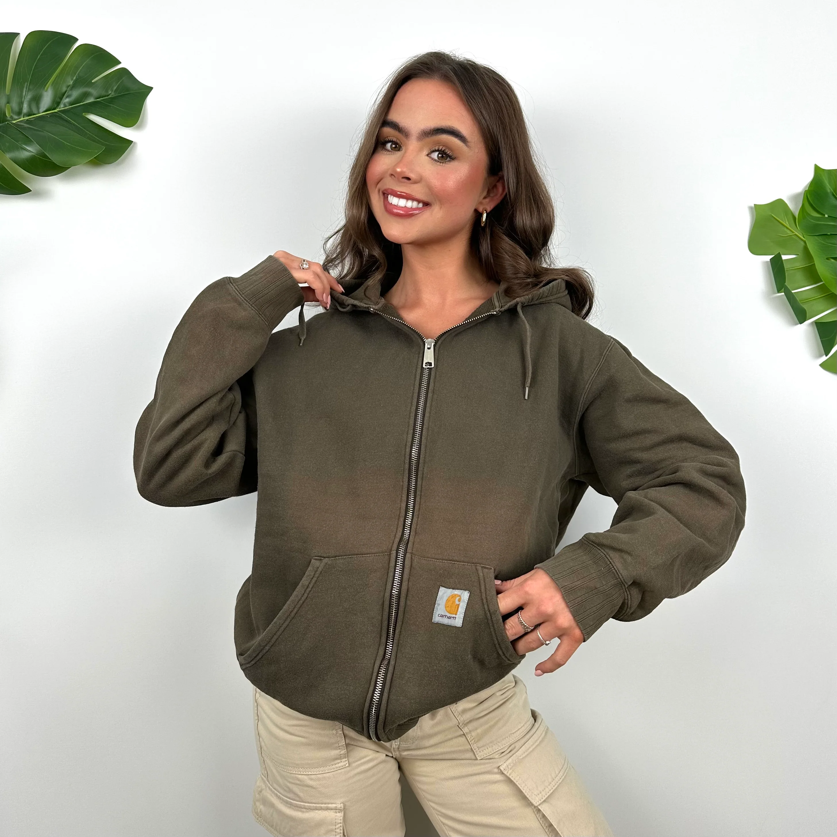 Carhartt Khaki Embroidered Logo Zip Up Hoodie Jacket (S) - Image 6