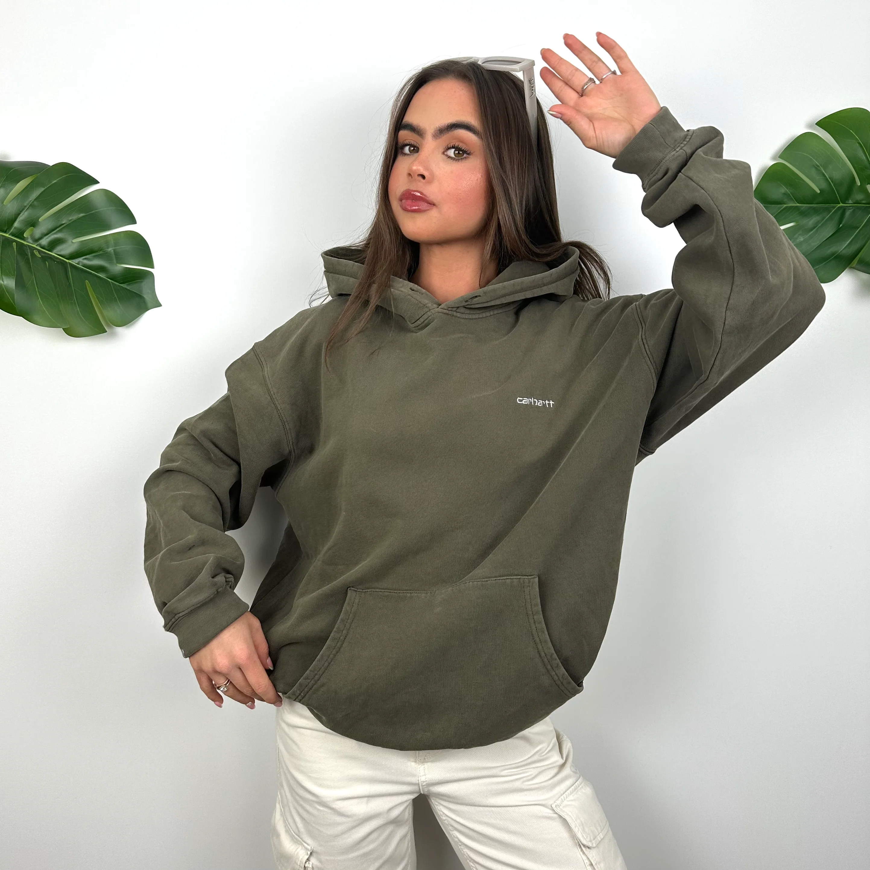 Carhartt Khaki Green Embroidered Spell Out Hoodie (L) - Image 2