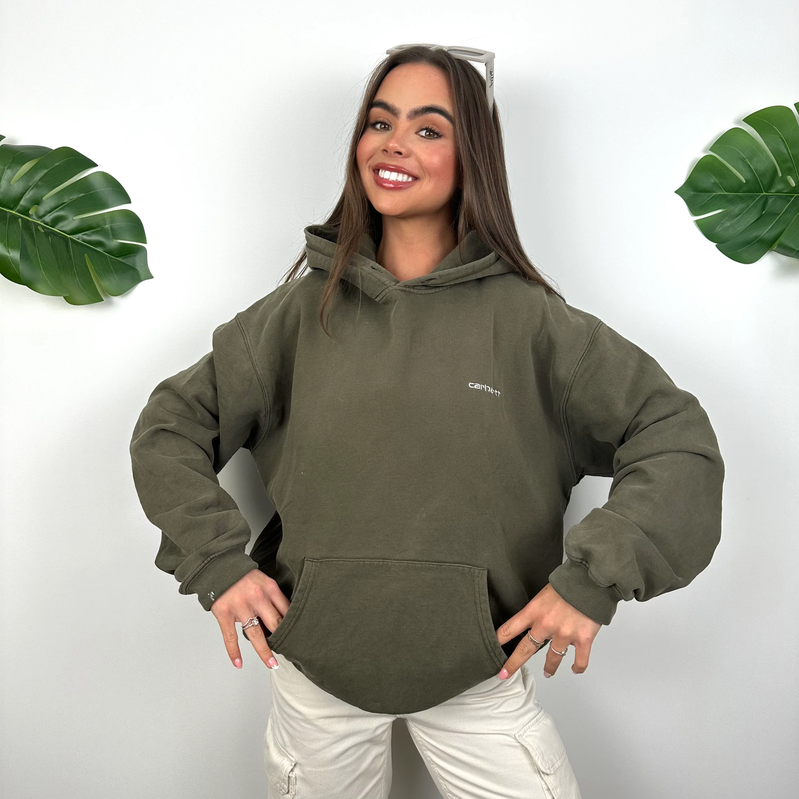 Carhartt Khaki Green Embroidered Spell Out Hoodie (L) - Image 3