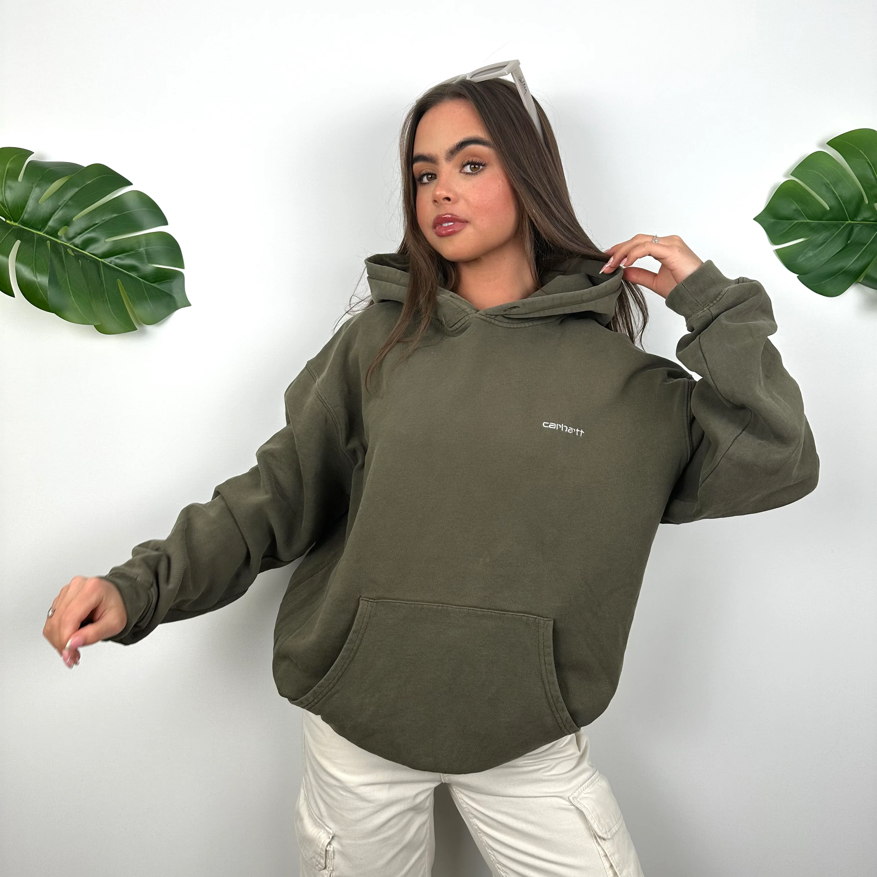 Carhartt Khaki Green Embroidered Spell Out Hoodie (L) - Image 4