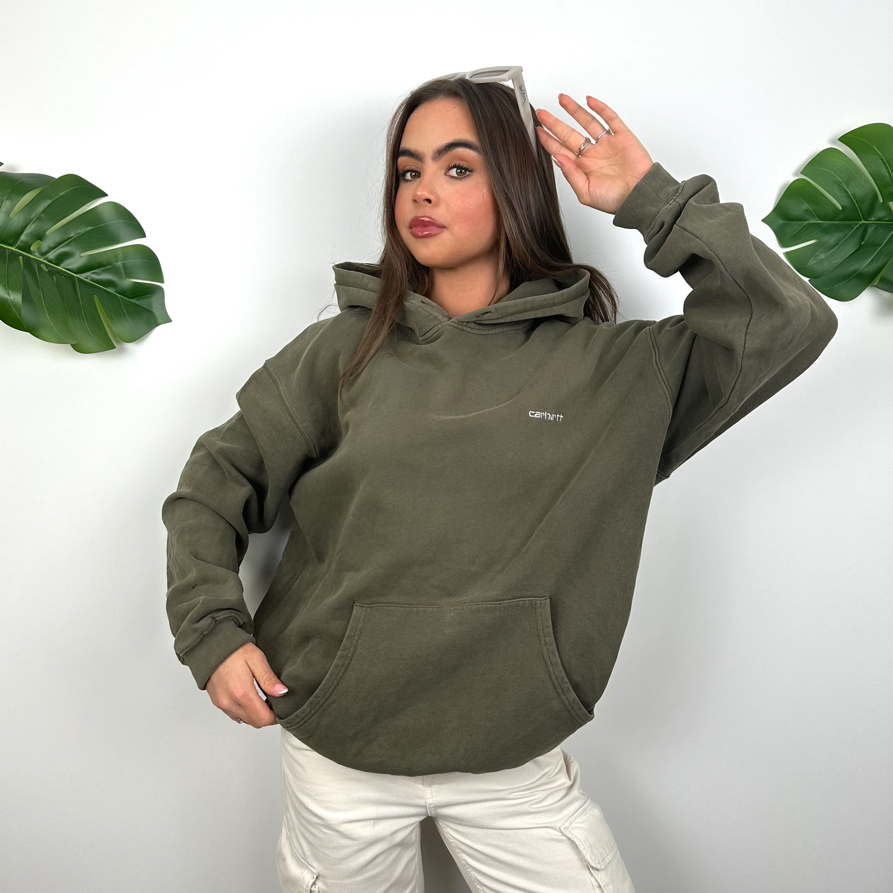Carhartt Khaki Green Embroidered Spell Out Hoodie (L) - Image 5