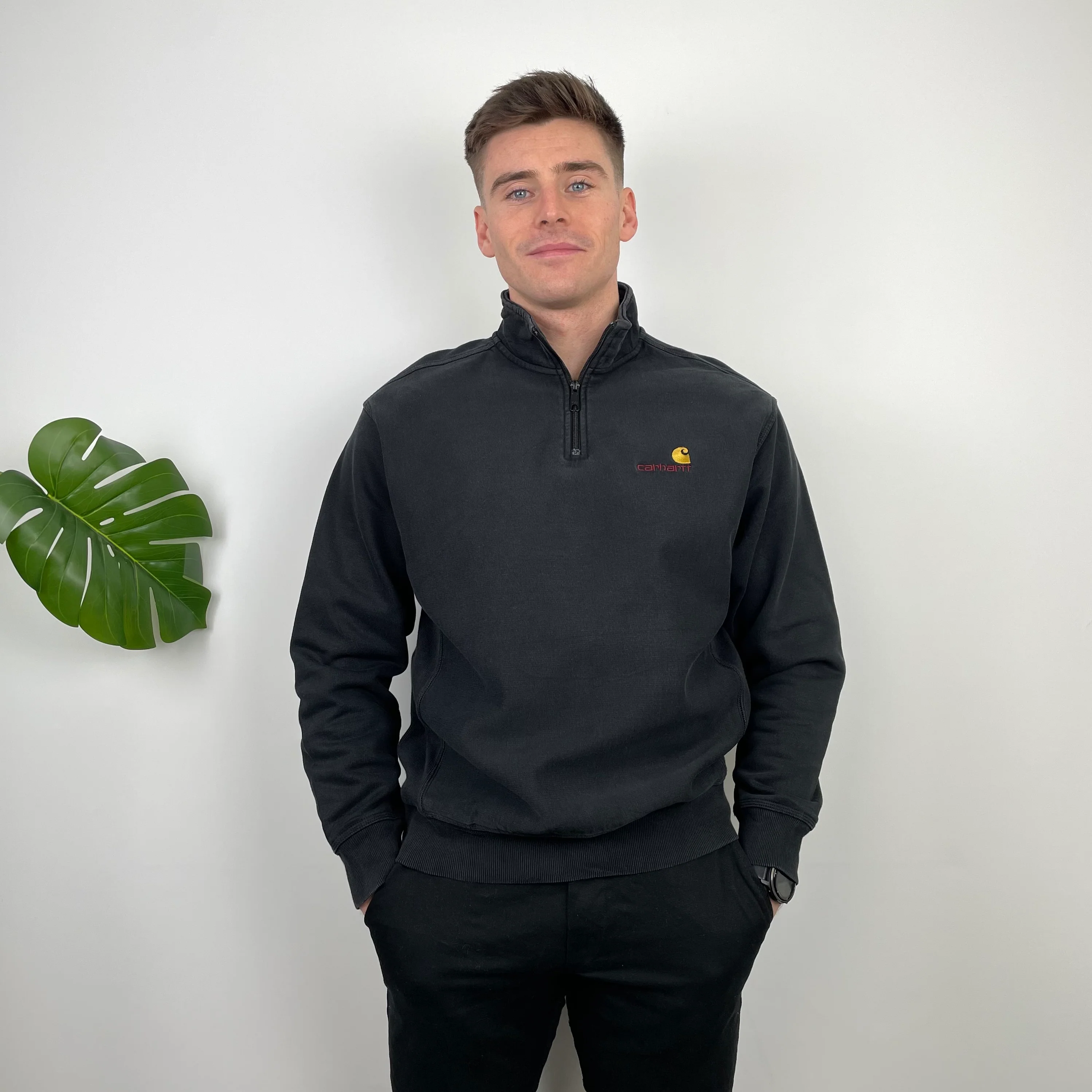 Carhartt RARE Black Embroidered Spell Out Quarter Zip Sweatshirt (M) - Image 2