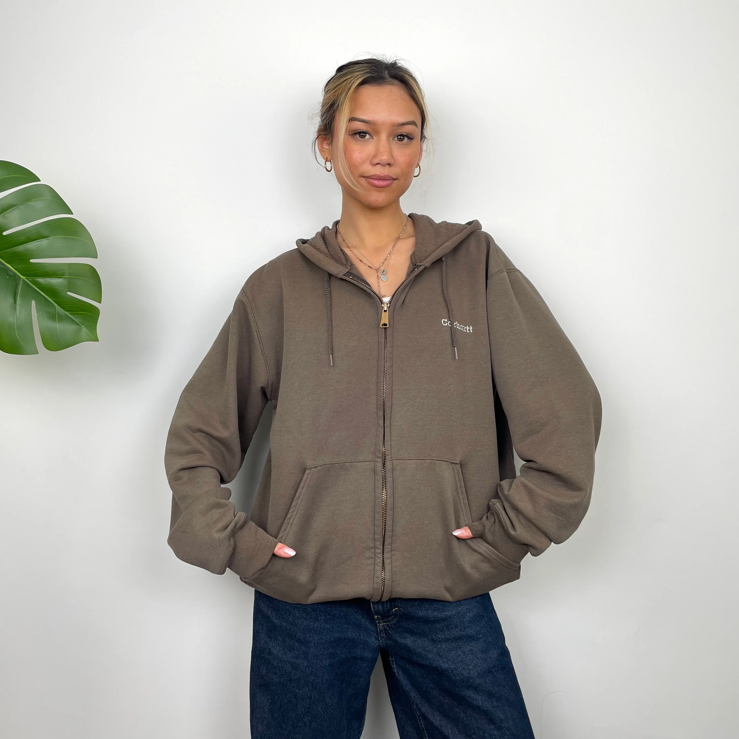 Carhartt RARE Brown Embroidered Logo Zip Up Hoodie Jacket (L)