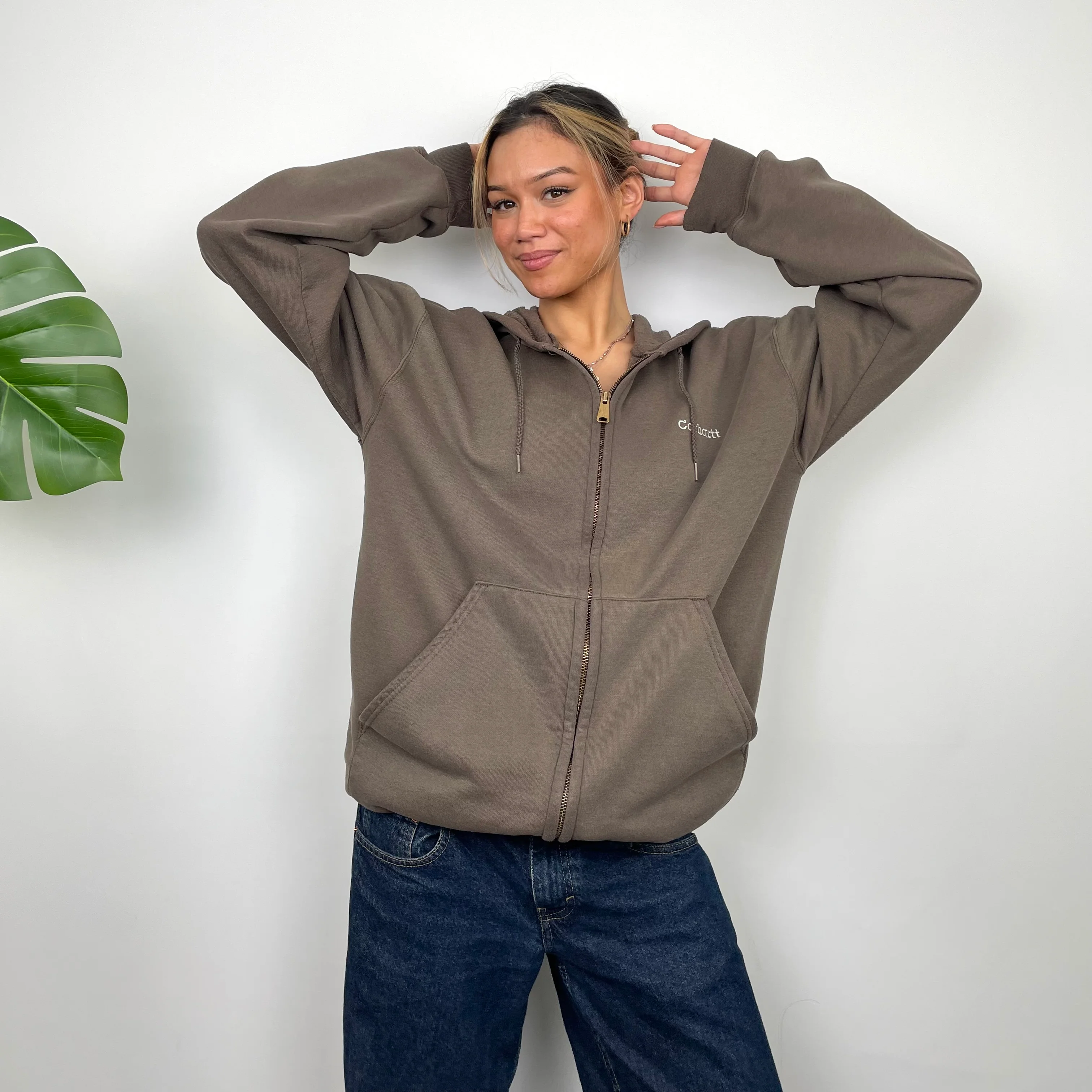 Carhartt RARE Brown Embroidered Logo Zip Up Hoodie Jacket (L) - Image 2
