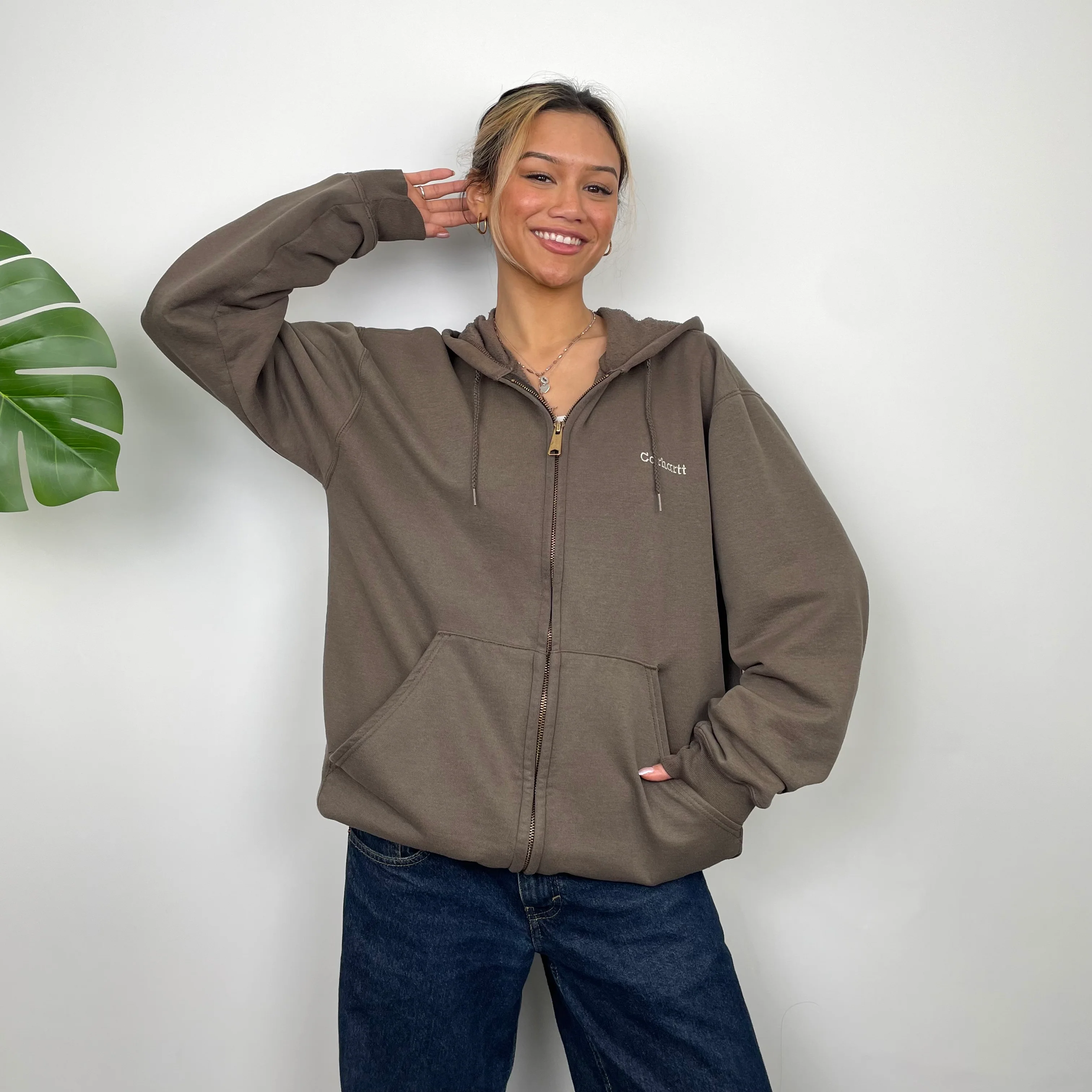 Carhartt RARE Brown Embroidered Logo Zip Up Hoodie Jacket (L) - Image 3